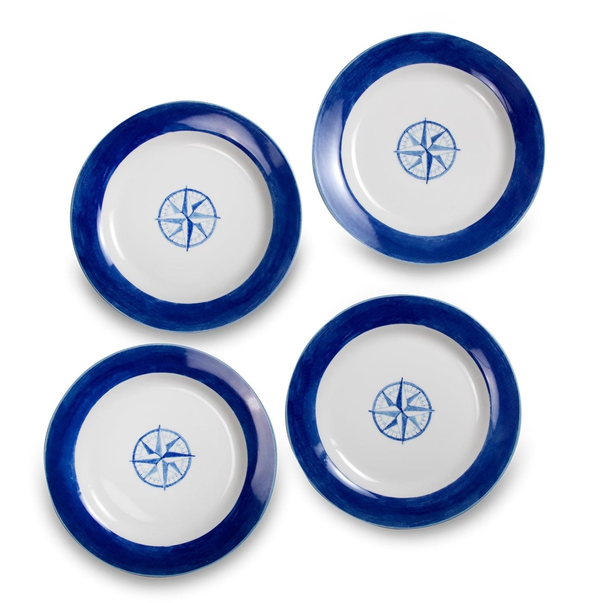 Euro Ceramica Ahoy Nautical Compass Dinner Plates, Blue and White, Set of 4