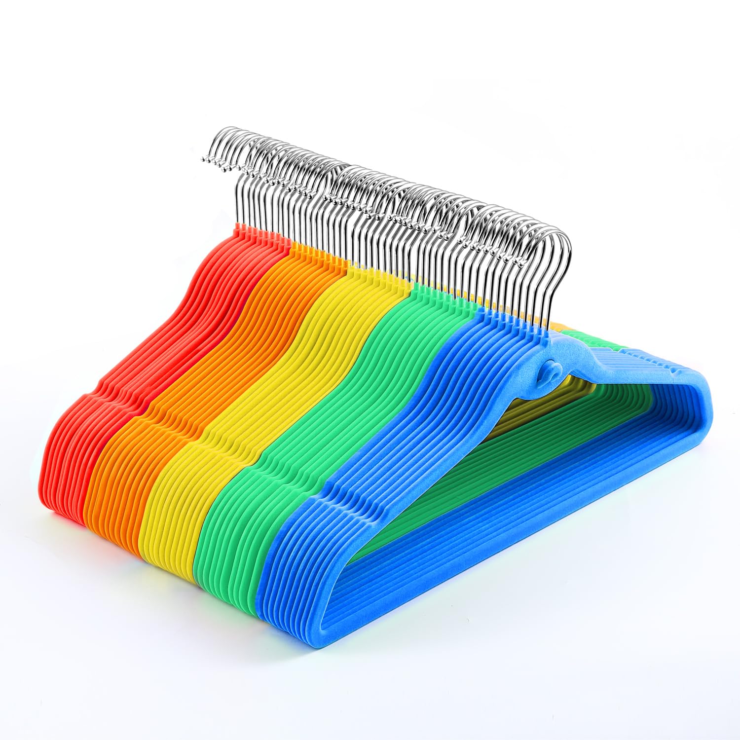 Multi-Color Premium Velvet Hangers With Mini Hooks, Pack Of 50, Non Slip, Space Saving Cascading Clothes Hangers, Rainbow Colors