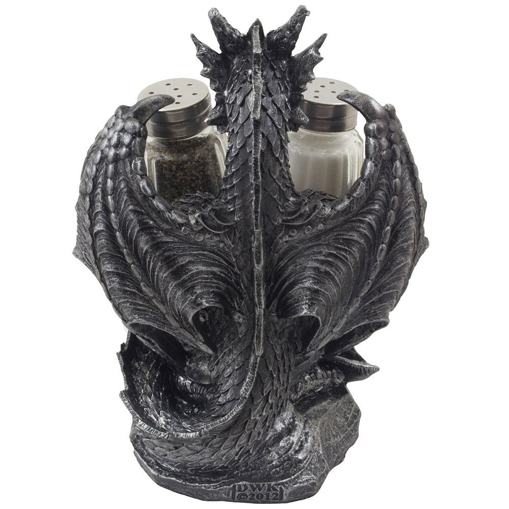 Mythical Dragon Salt And Pepper Shaker Set With Holder Figurine For Medieval & Fantasy Bar Or Kitchen Table Decor Sculptures And