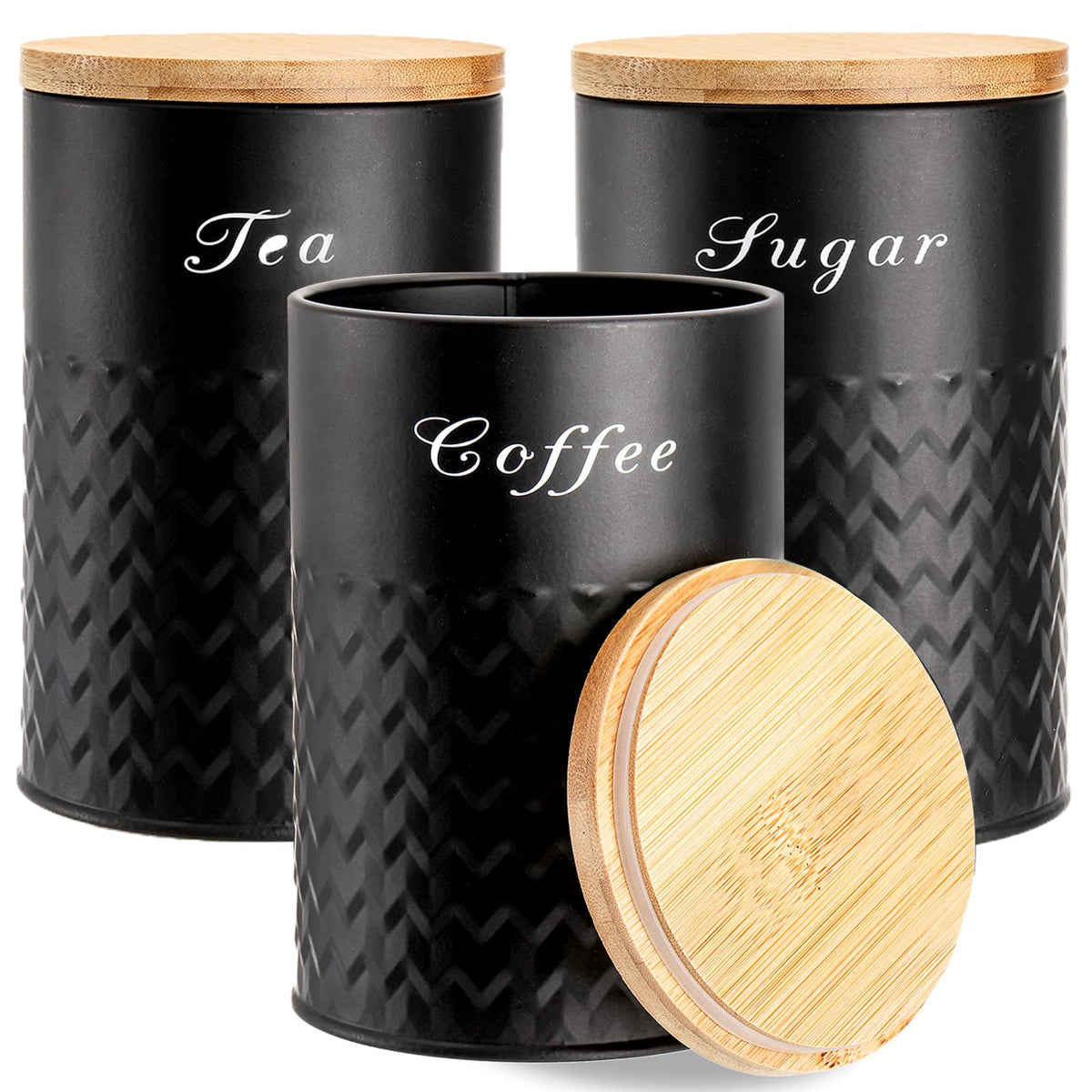 Bekith 3 Pack Kitchen Canisters With Bamboo Lids, Airtight Metal Canister Set, Food Storage Containers Jars For Coffee, Sugar, T