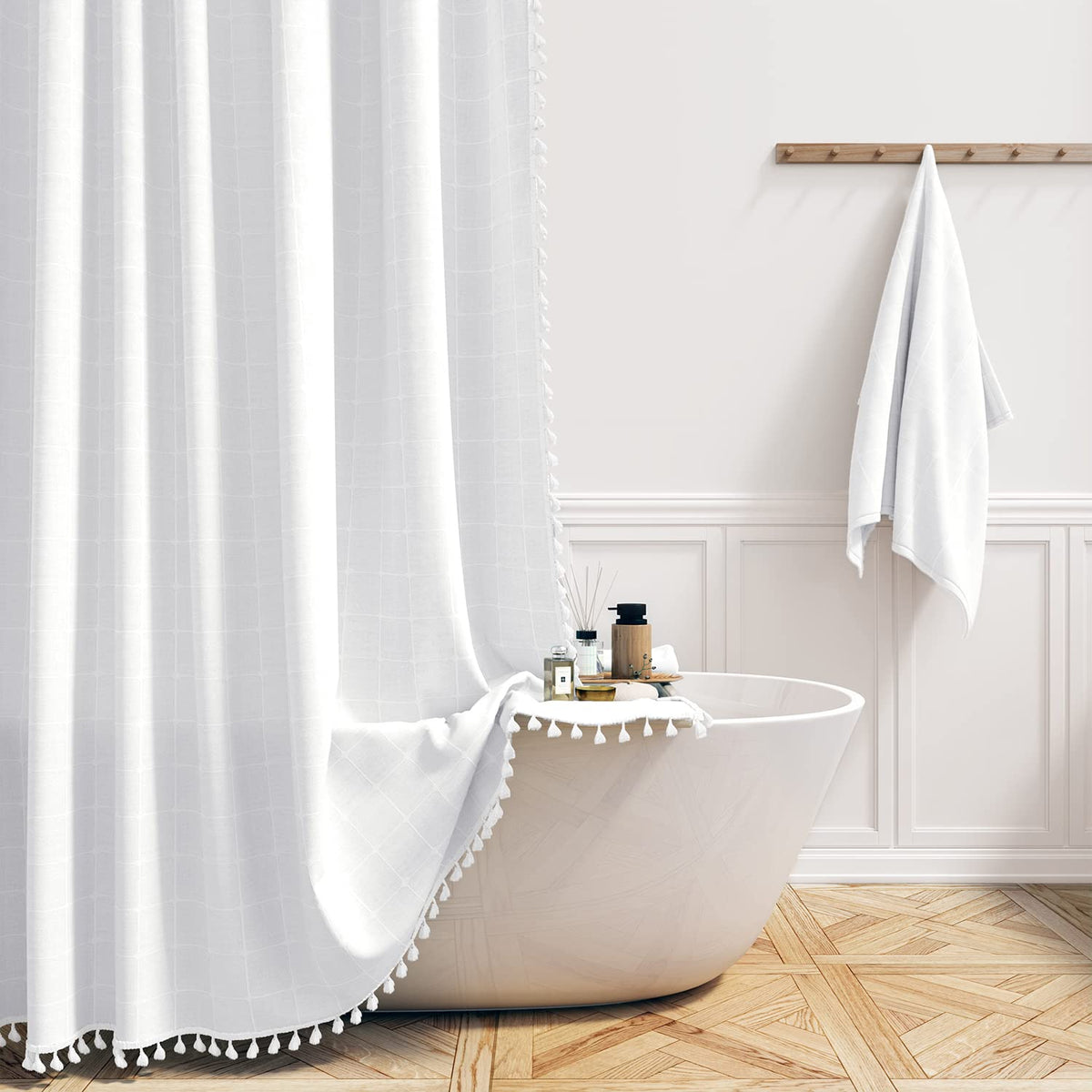Bttn Boho Long Shower Curtain, 72X78 Inch Long Linen Ultra Thick Fabric Shower Curtain Set With Plastic Hooks, Tall Modern Farmh