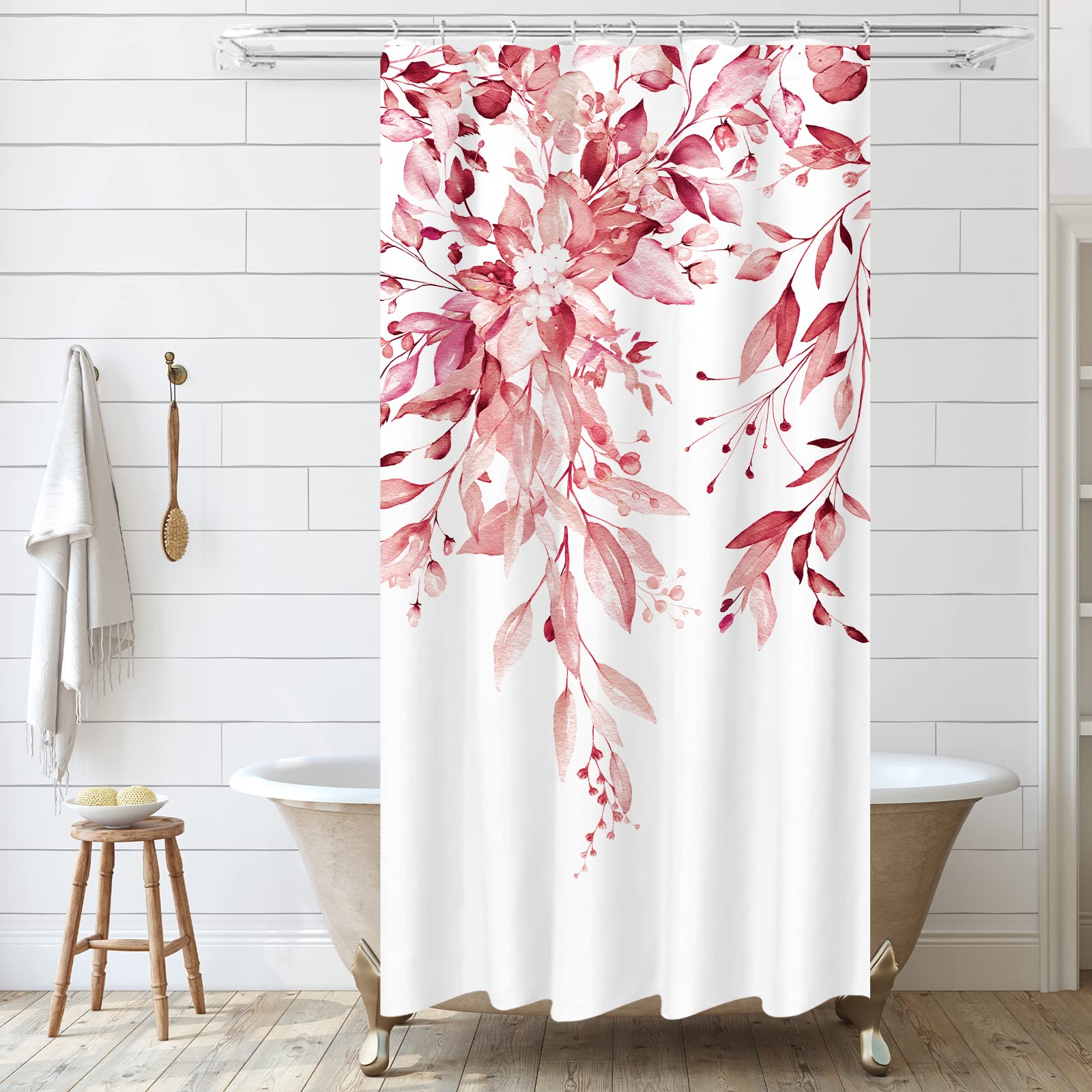 Tititex Pink Eucalyptus Shower Curtain Sets, Watercolor Blush Leaves On The Top Plant With Floral Bathroom Decoration 36X72 Inch