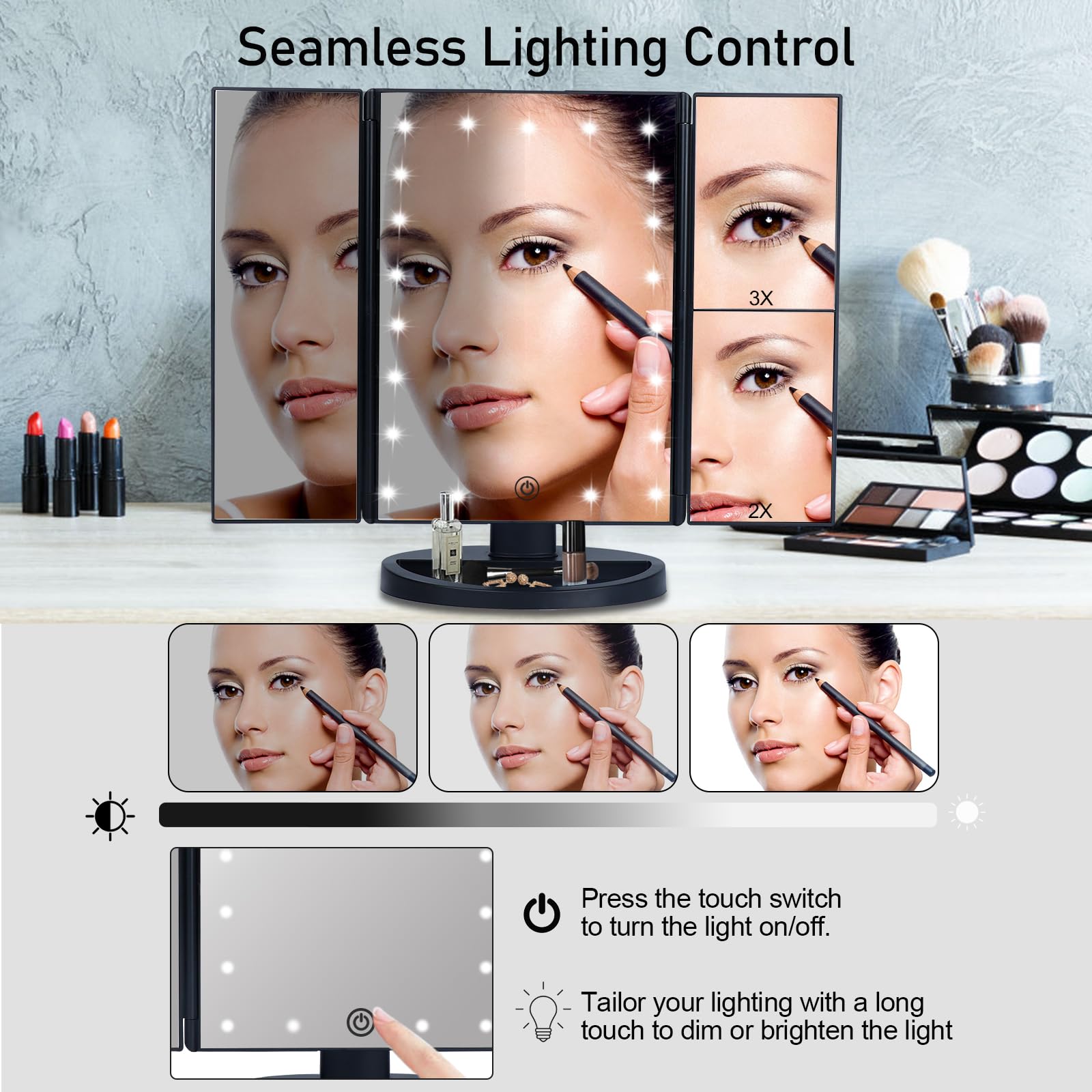 Tru2U Vanity Makeup Mirror With Lights And Magnification, 3 Way Mirror, Trifold Portable Mirror, 1X 2X 3X Magnification, Two Pow