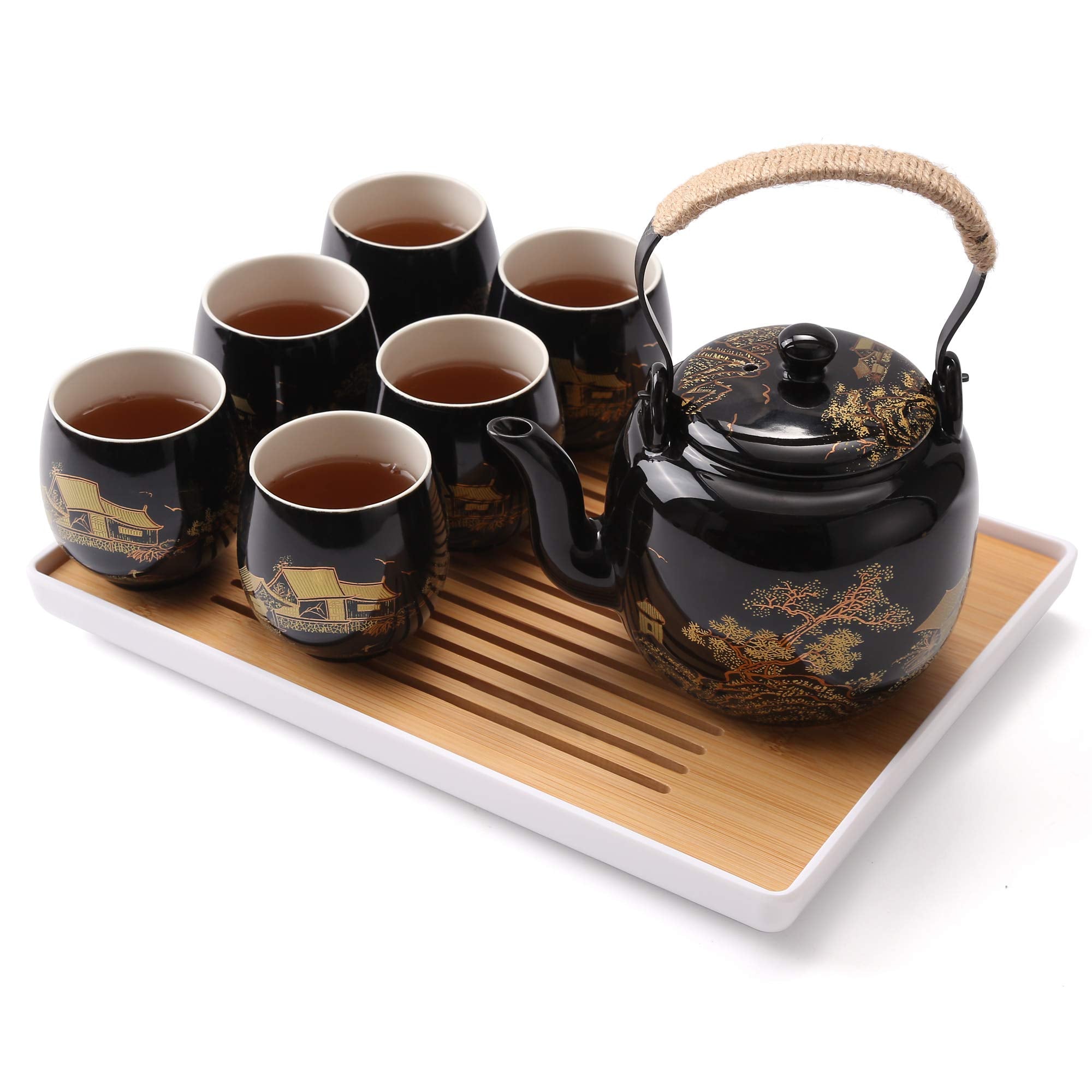 Dujust Japanese Beautiful Asian Porcelain Tea Set, Black With 1 Teapot, 6 Tea Cups, 1 Tea Tray, 1 Stainless Infuser For Adults,