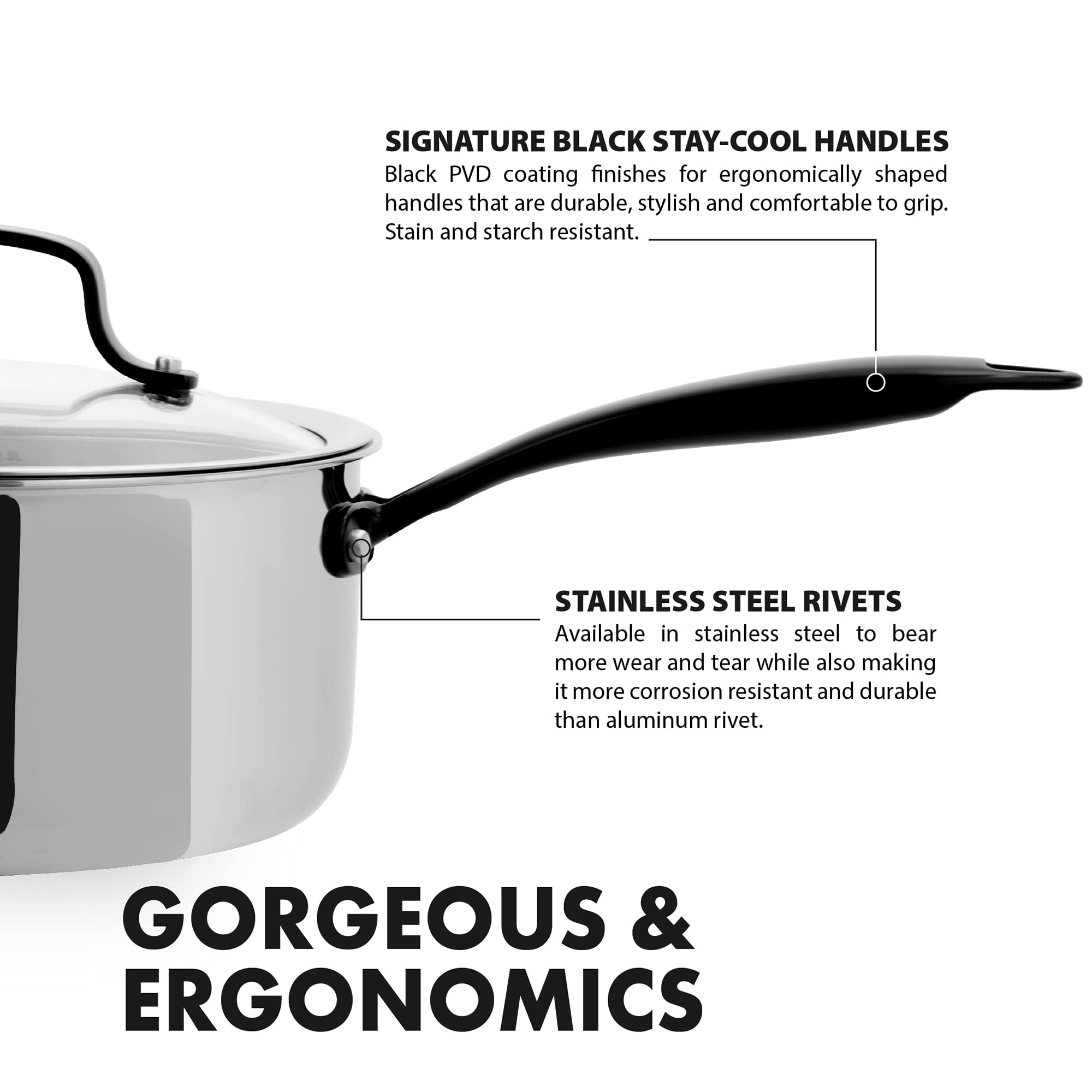 Grandties Full-Clad Tri-Ply Stainless Steel Sauce Pan Induction Cookware - 3 Qt Stainless Steel Pot, Marquina Black Metal Handle
