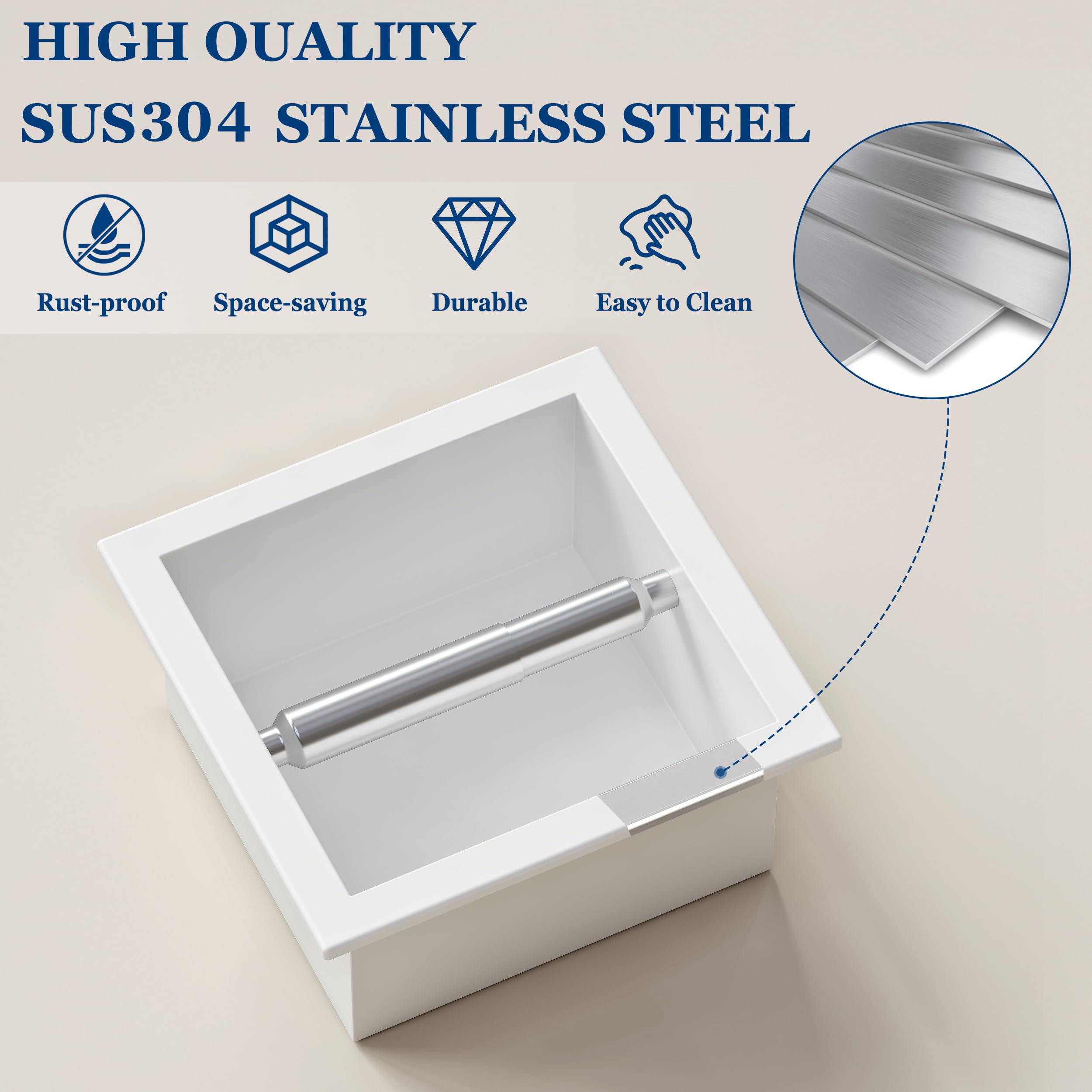 Qeke Toilet Paper Holder - SUS 304 Stainless Steel, Recessed, 6.8"x6.8", Matte White