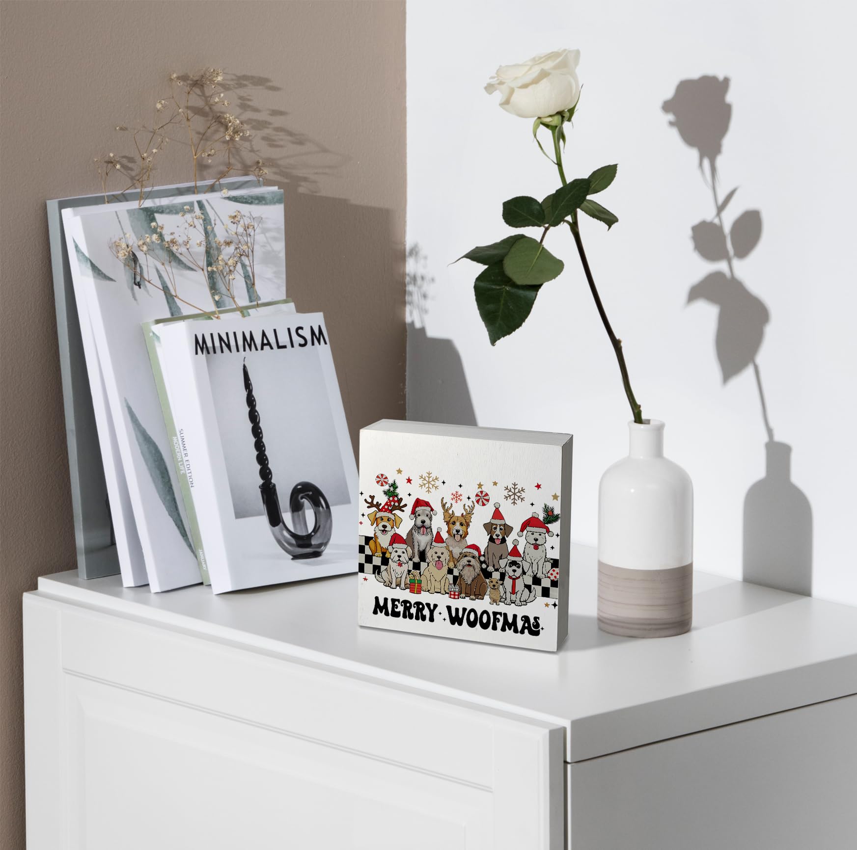 kunlisa Dog Christmas Wooden Sign, Dog Lover Gifts, Merry Woofmas Christmas Cute Puppy Holiday Wood Box Sign for Home Office Des