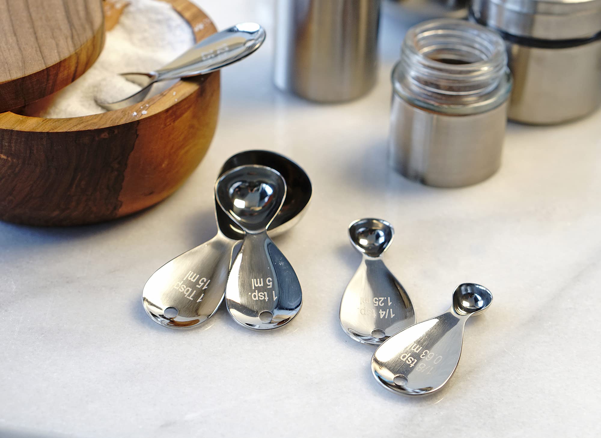 RSVP International Endurance Kitchen Collection Measuring Spoons  Dishwasher Safe  Teardrop  5 Piece  Stainless Steel
