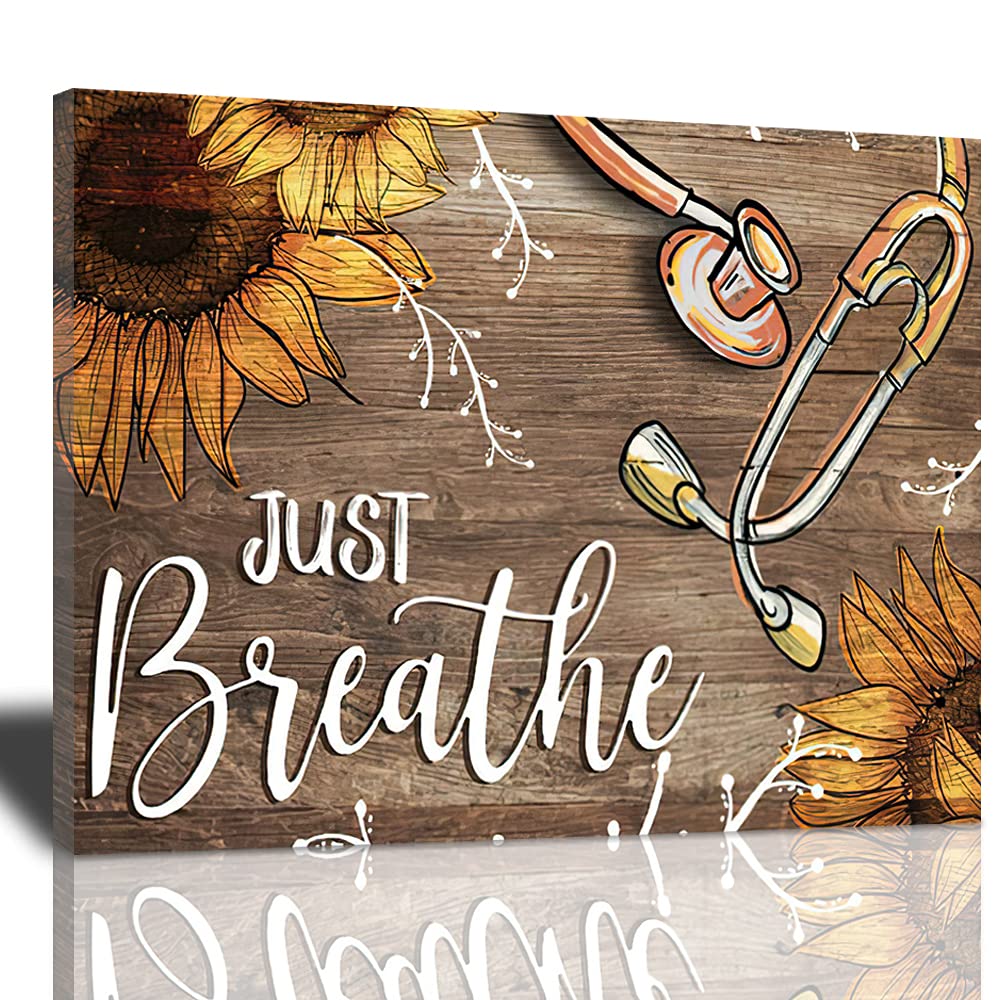 Sunator Just Breathe Canvas Wall Art Beautiful Sunflower And Medical Stethoscope Inspirational Pictures Motivational Quotes Post