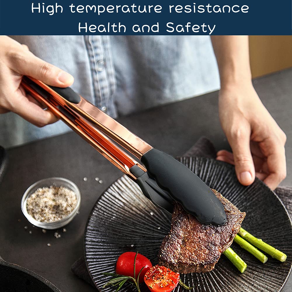Kaishane Kitchen Food Tongs-Rose Gold Tongs Copper Stainless Steel Silicone Tipped Kitchen Food Bbq And Cooking Tongs Set 9    A