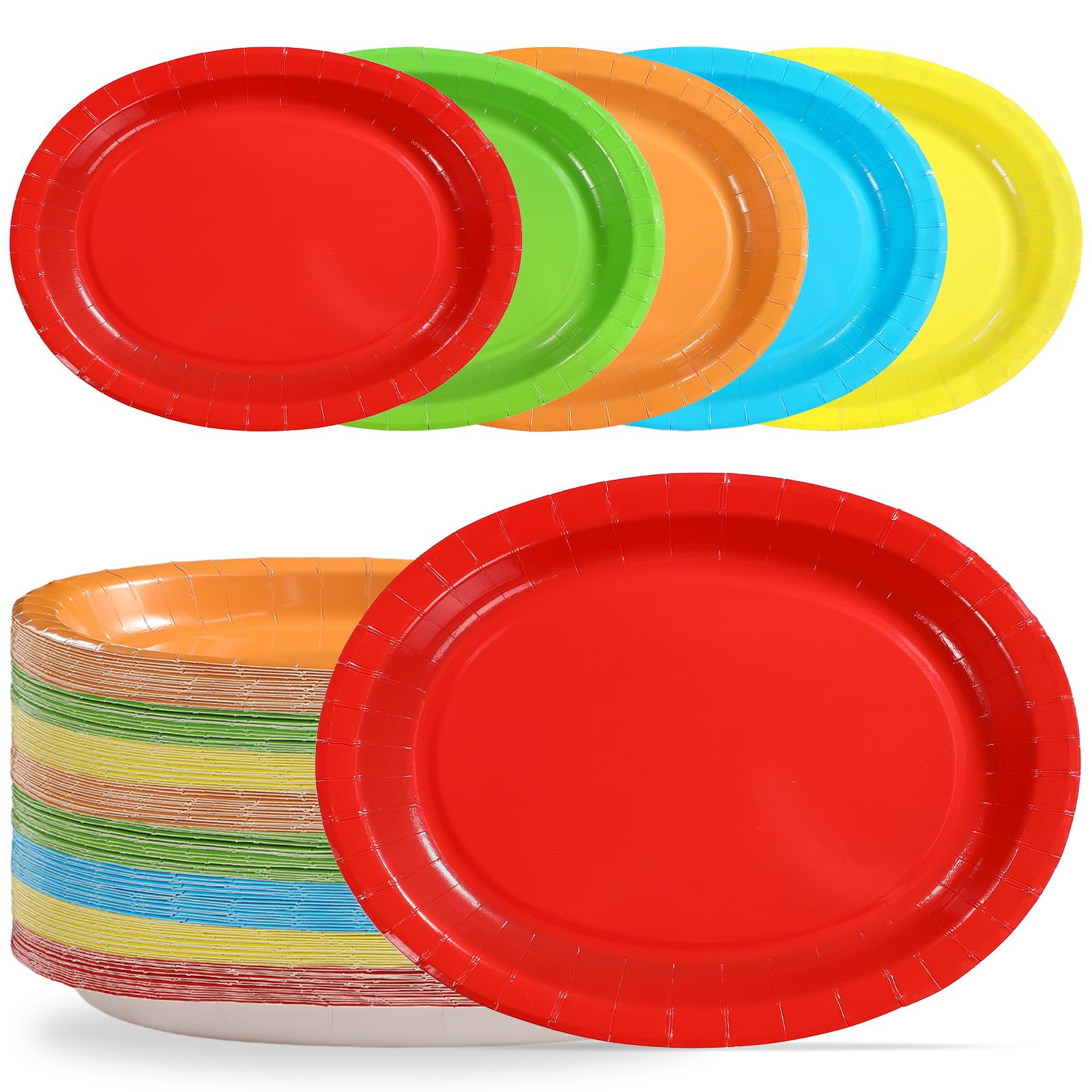 Grencian 100PCS Colorful Oval Paper Plates 10x12 Large Solid Color Rainbow Party Plates 5 Classic Colors Heavy Duty Disposable M