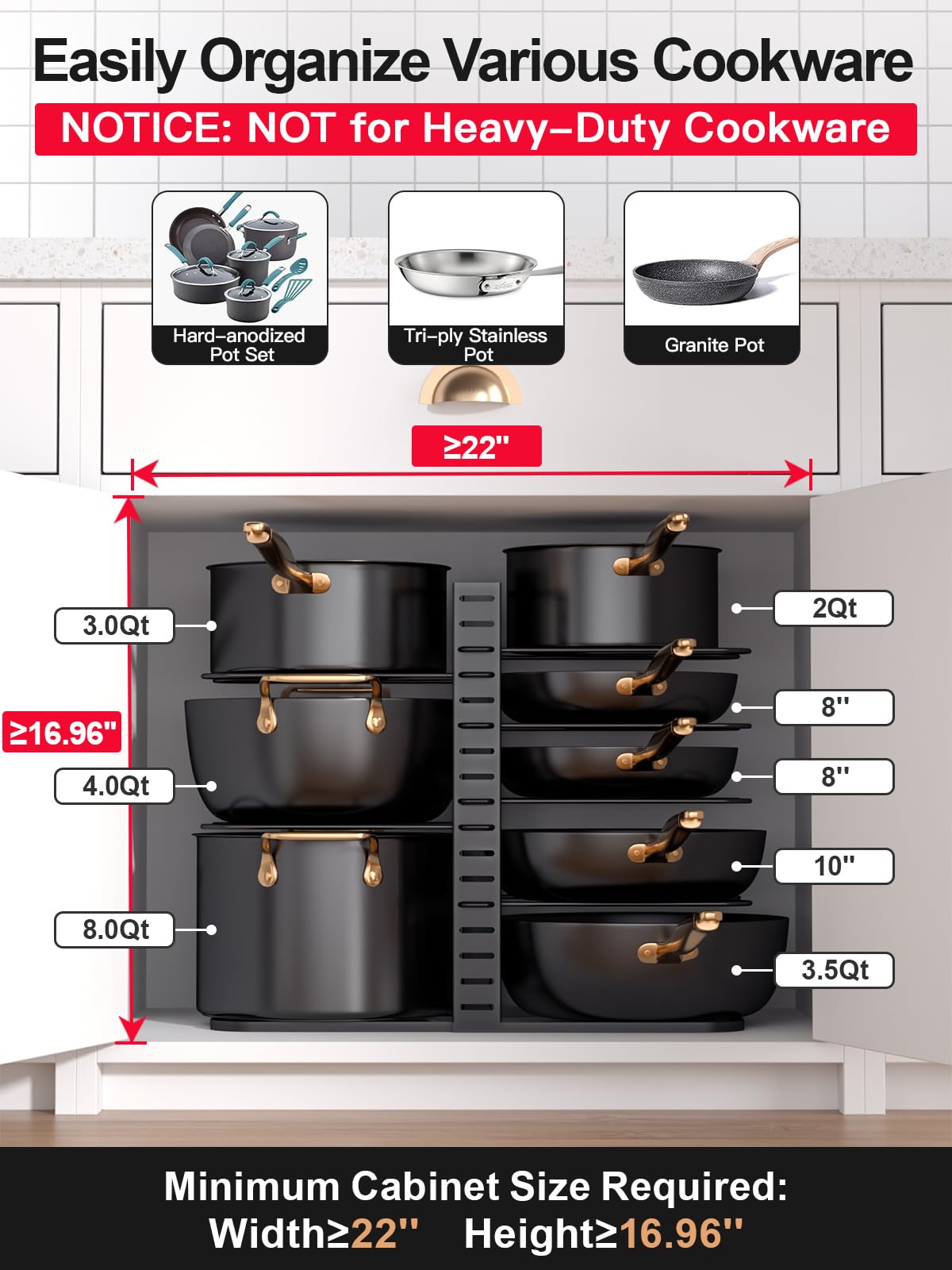 Mudeela Pots And Pans Organizer : Rack Under Cabinet, 8-Tier Kitchen Cabinet Organizers And Storage, Light-Duty Adjustable Pot R