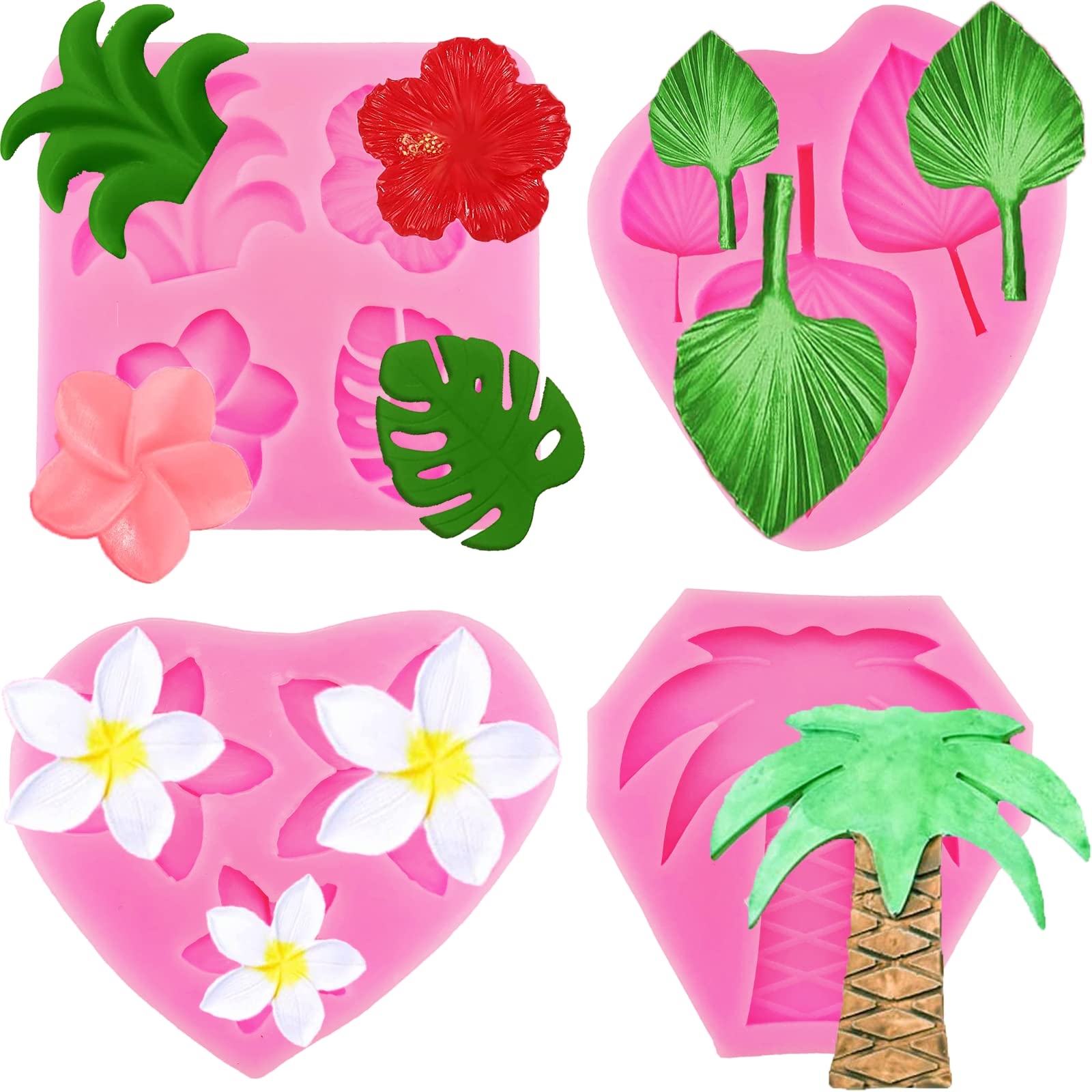 4 Pcs Tropical Flowers Leaves Mold Fan Leaf Fondant Mold Hibiscus Flower Monstera Leafage Palm Leaf Plumeria Flower Silicone Mol