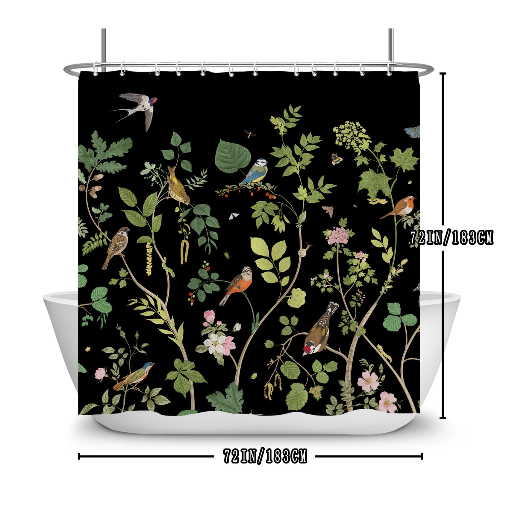 Yanutan Birds With Green Plants Shower Curtain, Animals Green Leaves Black Shower Curtain Set For Bathroom, Lively Birds Fabric