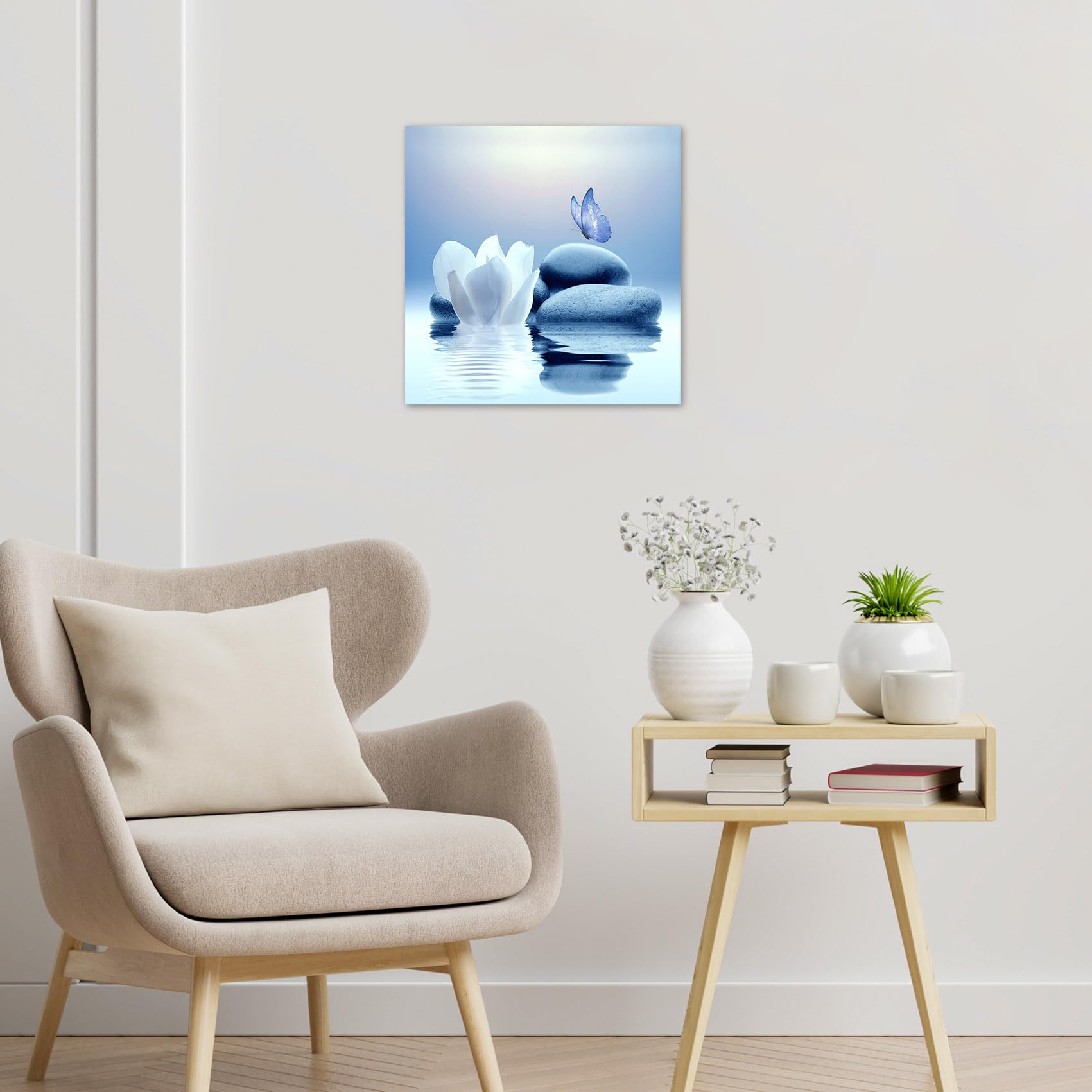 Eobtain Zen Canvas Wall Art Blue Floral And Butterfly On Stone Framed Wall Art For Bathroom Living Room Bedroom Modern Spiritual