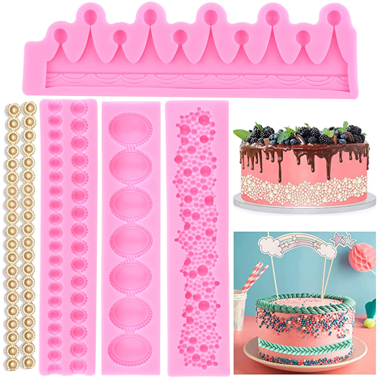 Mypracs Pearl Fondant Molds Round Pearl Chain Silicone Mold Pearls Bubbles Mold Crown Mold For Cake Decorating Cupcake Topper Ca