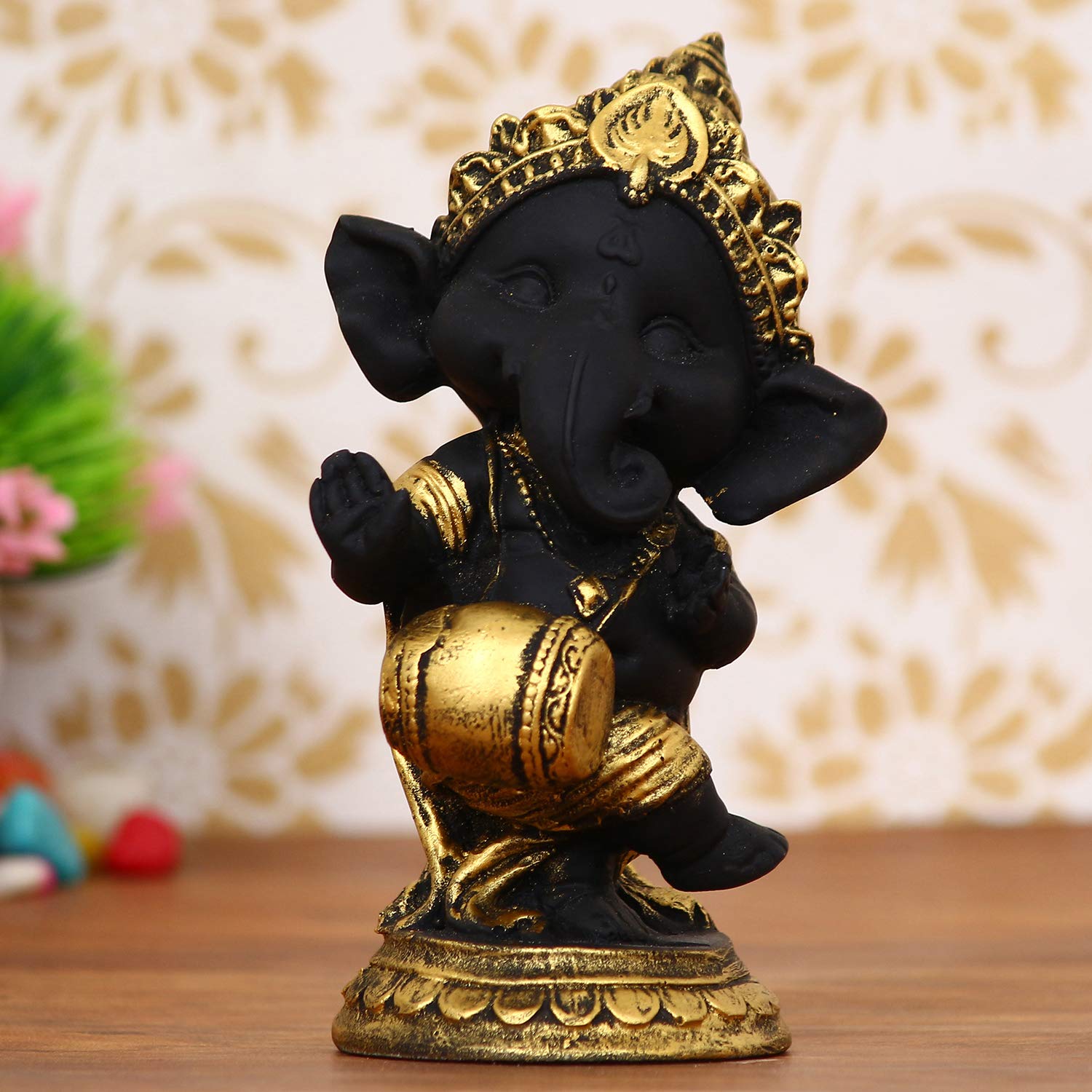 Ecraftindia Golden And Black Polyresin Lord Ganesha Idol Playing Dholak Musical Instrument Decorative Showpiece Ideal For Home, 