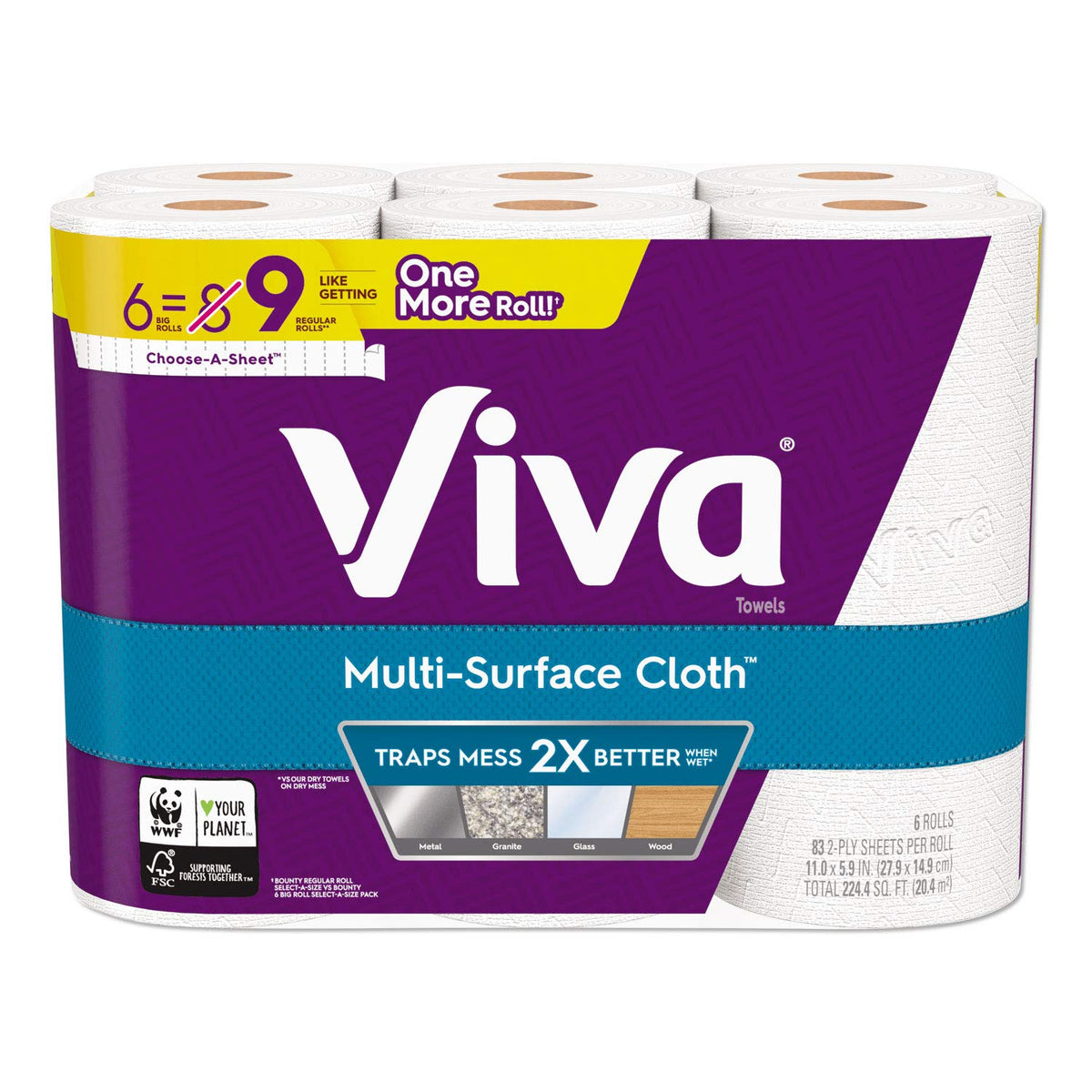 Viva Multi-Surface Cloth Choose-A-Sheet Paper Towels Cloth-Like Kitchen Paper Towels, White, 83 Sheets (Pack Of 6)
