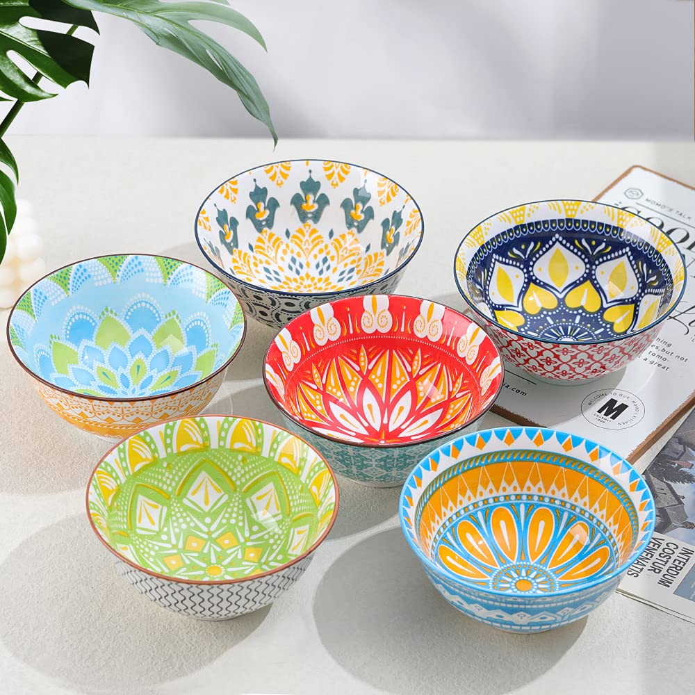 AHX Cereal Bowls Porcelain 23 oz - Salad Soup Bowl Colorful 6.25'' - Deep Bowls for Serving Ramen | Noodle | Pasta | Pho | Oatmeal - Microwave and Dishwasher Safe - Set of 6