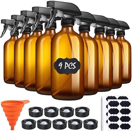 sietpoek 9 Pack Glass Spray Bottle 16oz  Empty Amber Spray Bottle Refillable Container for Essential Oils Cleaning Products Aromatherapy spray device