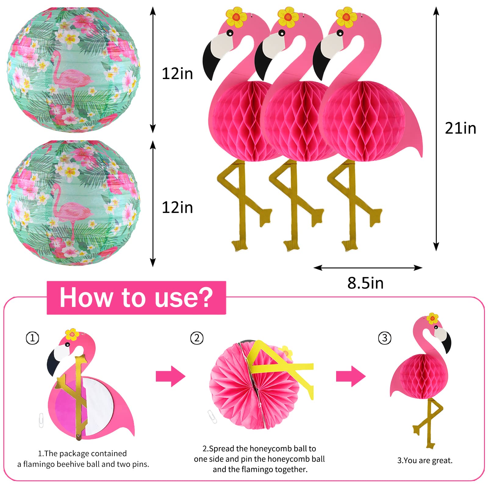 Zilue Flamingo Party Decorations, Hawaiian Party Supplies Flamingo Palm Leaves Hibiscus Flowers Paper Lanterns Flamingo Honeycom