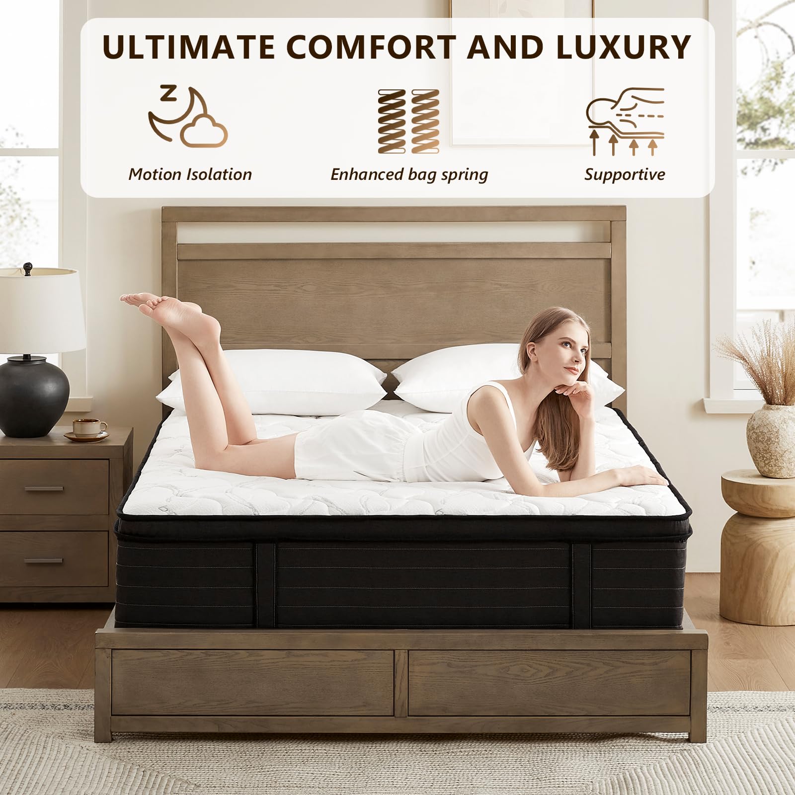Queen Mattress 12 Inch Hybrid Mattress Queen In A Box With Bamboo Cover - Memory Foam Mattress With Strong Support And Motion Is