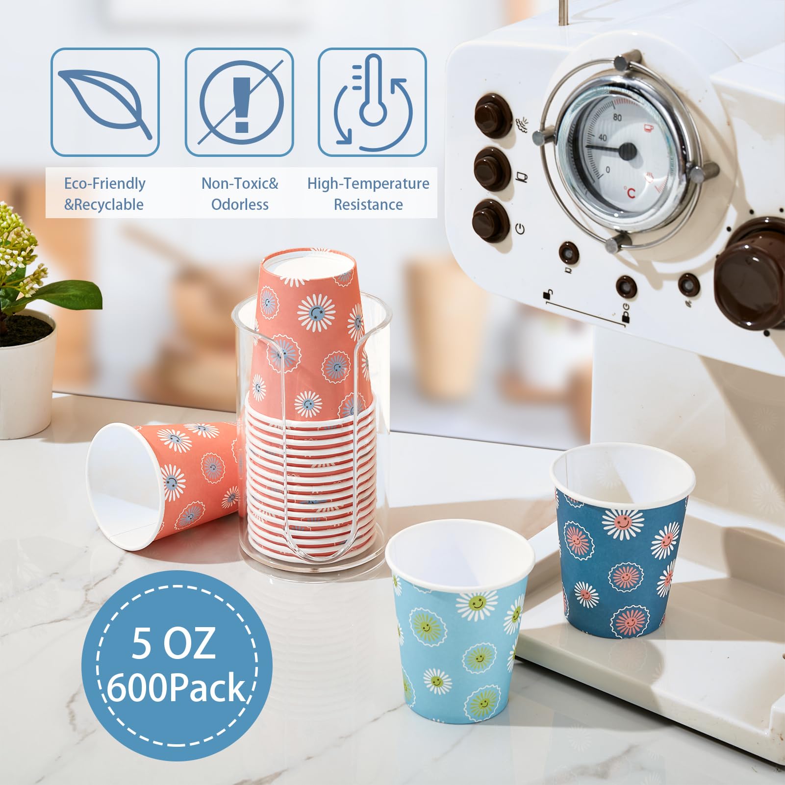 [600 Pack] 5 oz Paper Cups  Disposable Bathroom Cups  Small Mouthwash Cups  Hot/Cold Beverage Drinking Mini Cup for Party  Picnic  BBQ  Travel (Daisy)
