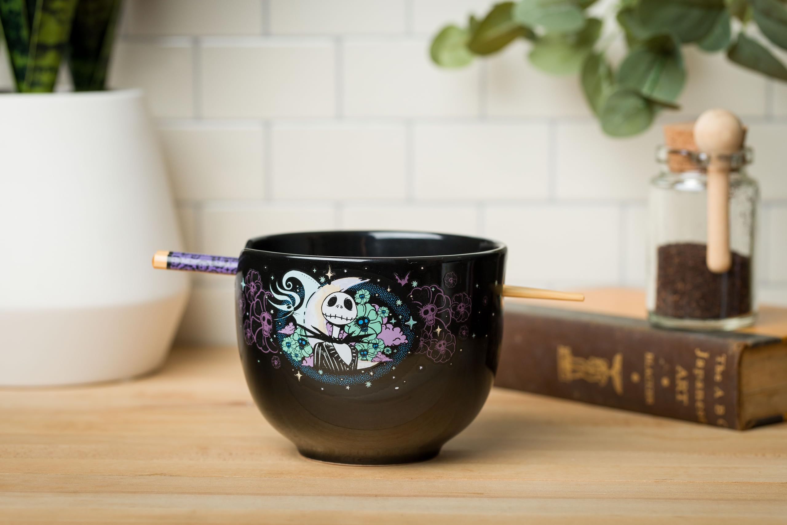 Silver Buffalo Disney Nightmare Before Christmas Starry Night Jack Skellington Ceramic Ramen Noodle Rice Bowl With Chopsticks, M