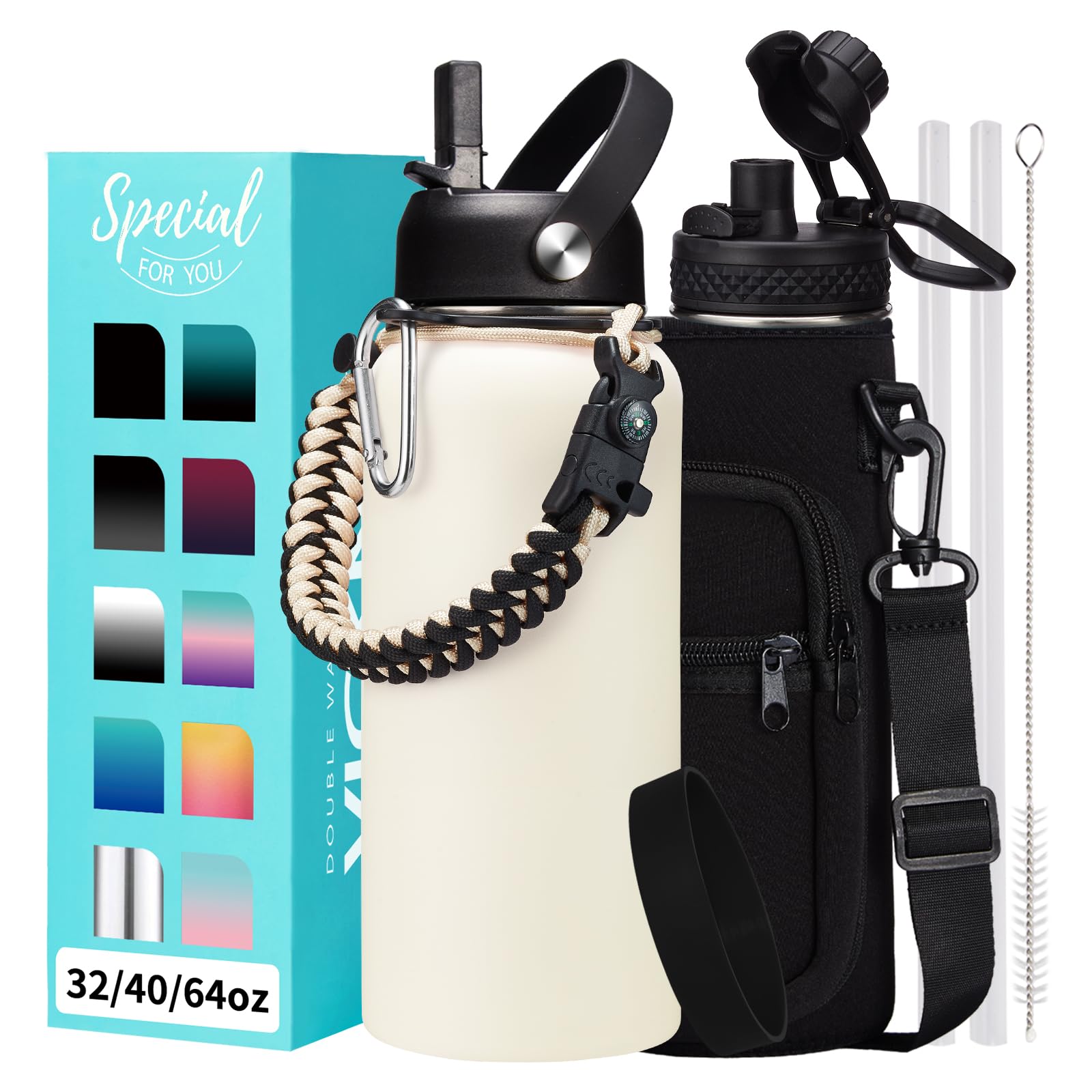 32 oz Insulated Water Bottle with Straw - Chug Lid, (Cold 48h, Hot 24h) Stainless Steel Flask with Paracord Handle, Storage Pouc
