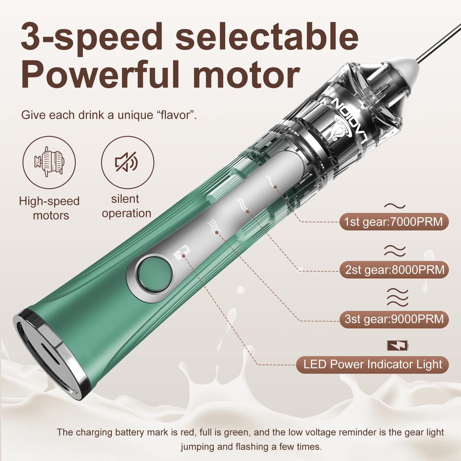 Laoion Rechargeable Frother Wand With Stand, Milk Frother With Detachable Stainless Steel Double Rings Whisk, 3-Speed Handheld E