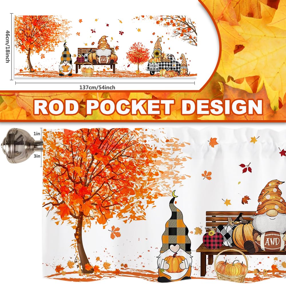 Finphoon Fall Kitchen Valances for Windows, Gnome Pumpkin Leaves Window Valances 54x18, Autumn Thanksgiving Farmhouse Rod Pocket