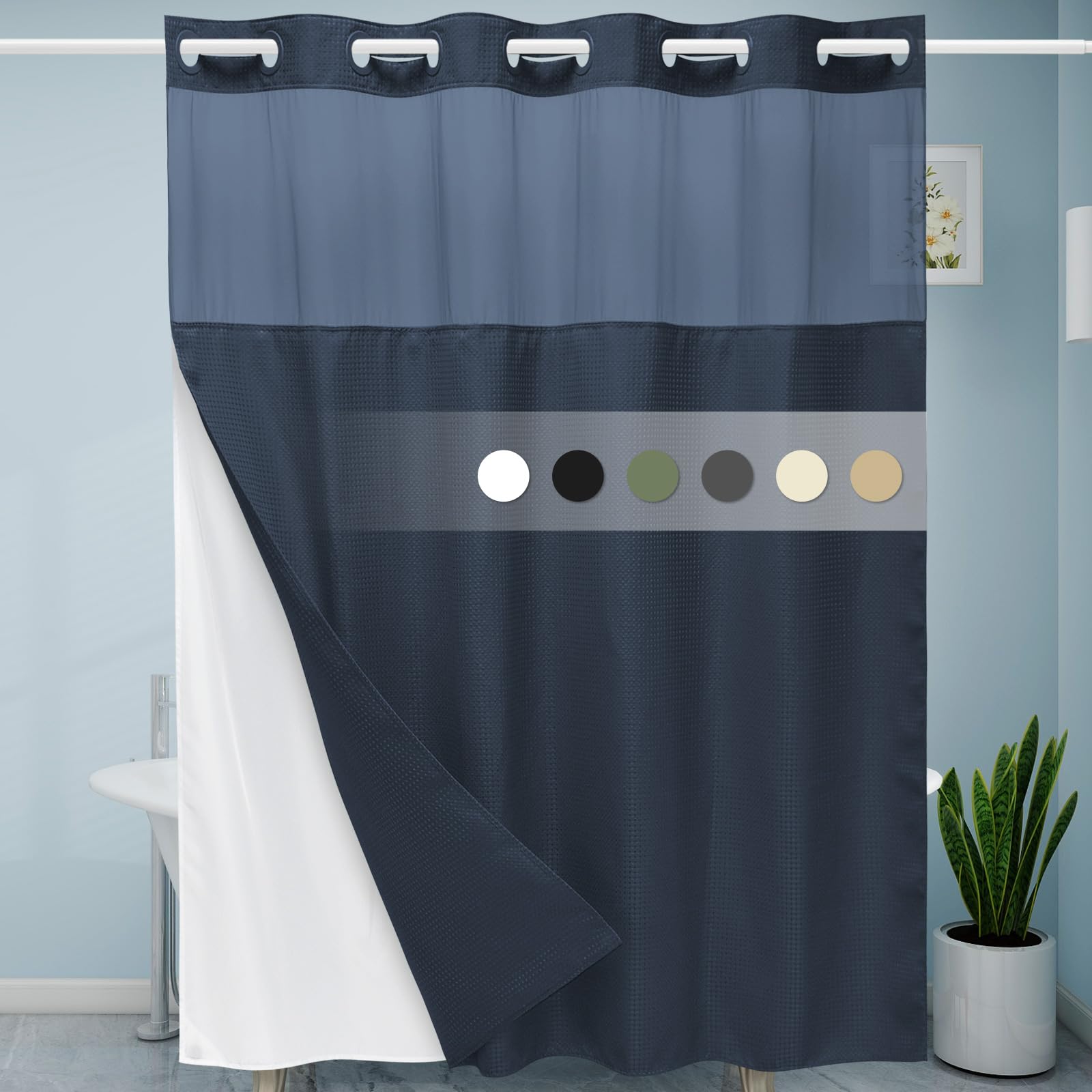 Eutxl Navy Blue No Hook Shower Curtain With Snap In Liner,230Gsm Waffle Weave Shower Curtains For Bathroom,71W X 74H