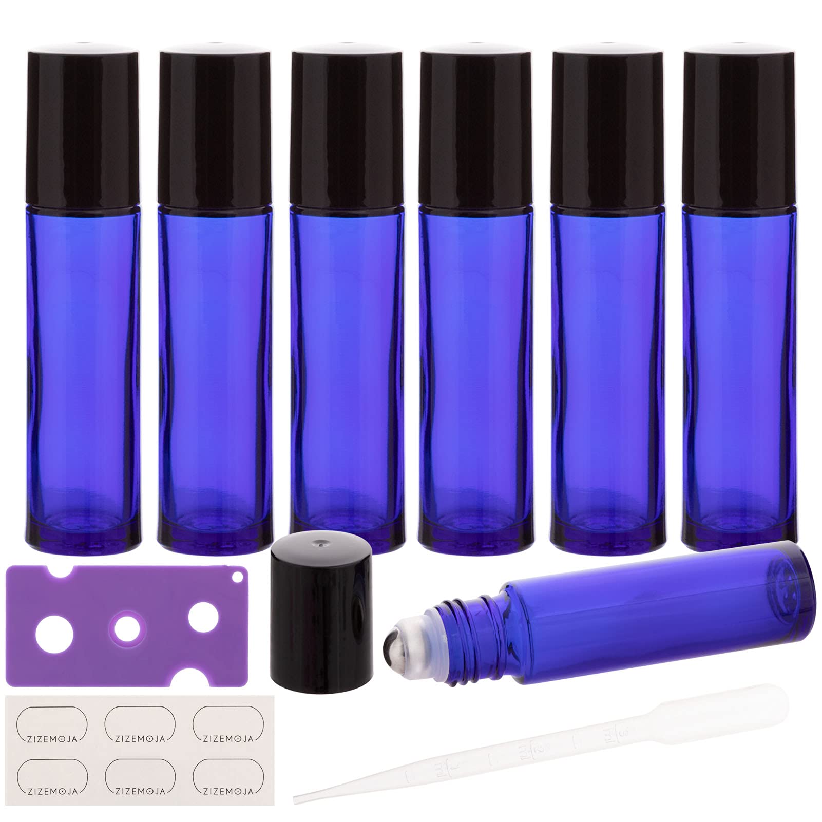 Zizemoja 6Pcs 10Ml Essential Oil Roller Bottles, With Stainless Steel Roller Balls, 10Ml Blue Glass Roll On Bottles For Essentia