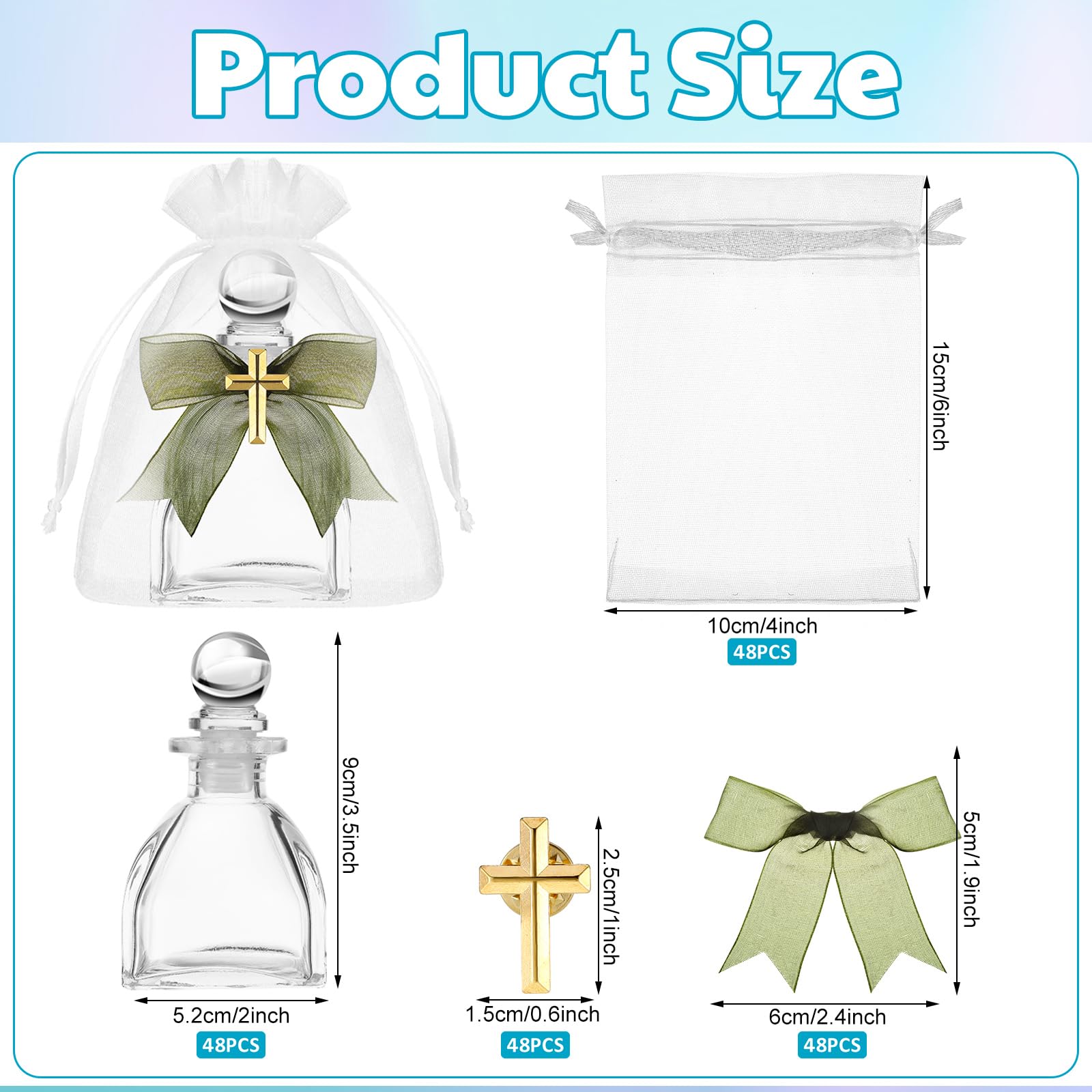 Chuangdi 48 Set Holy Water Bottles Catholic Clear Holy Water Container 50ml Christian Glass Bottle with Cross Lapel Pin and Lace