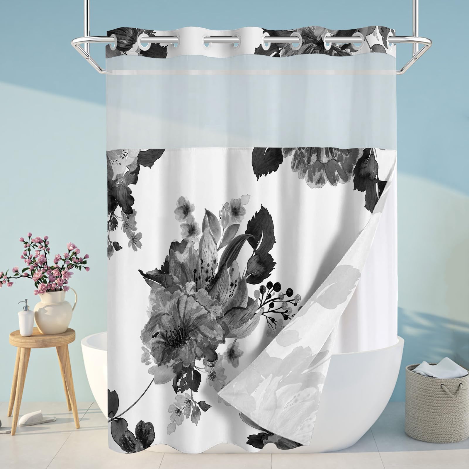Sscrcusly No Hook Shower Curtain With Snap In Liner Set, Black Floral And White Modern Hotel Style Fabric Inner Liner For Bathro
