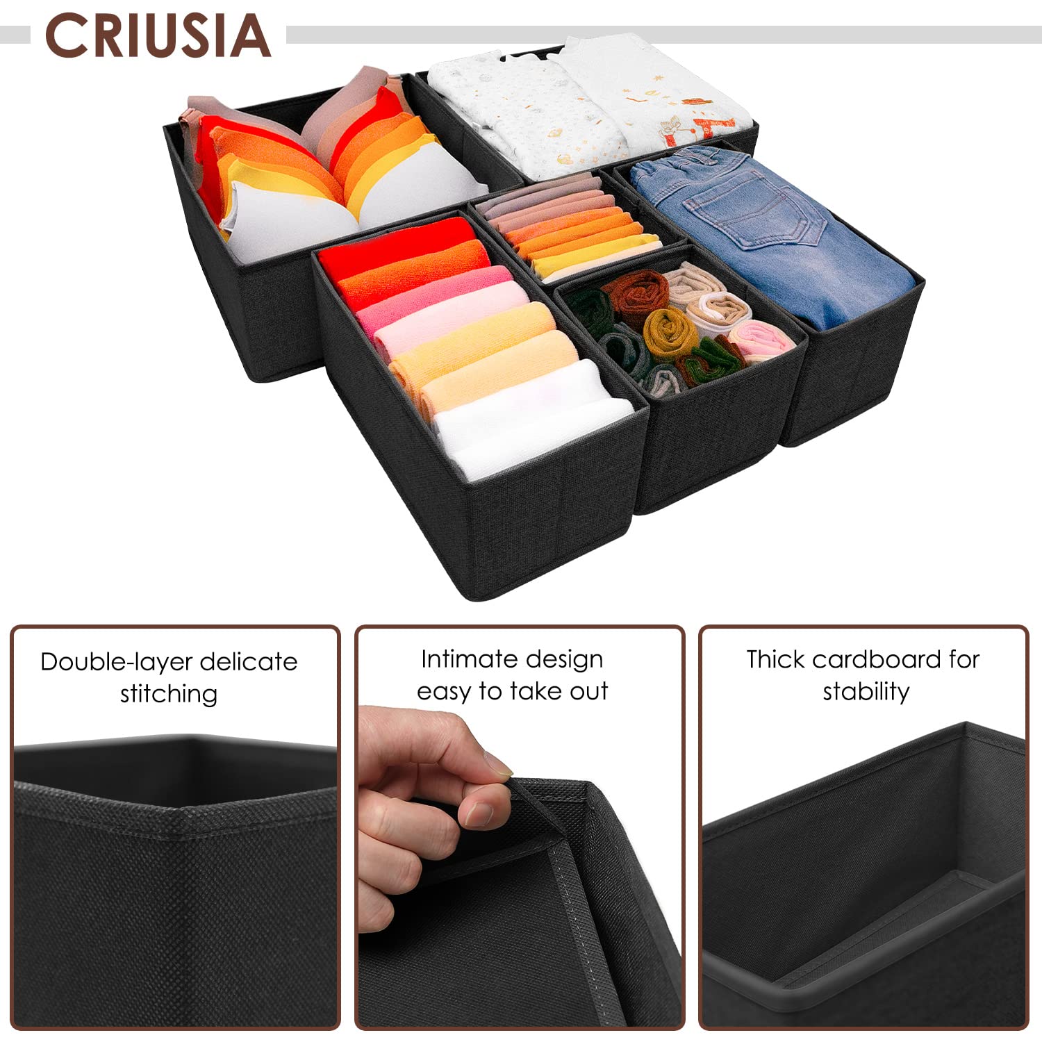 Criusia 6 Pack Clothes Drawer Organizer Dividers, Fabric Foldable Closet Dresser Drawer Organizer for Clothing, Bra Sock Underwe