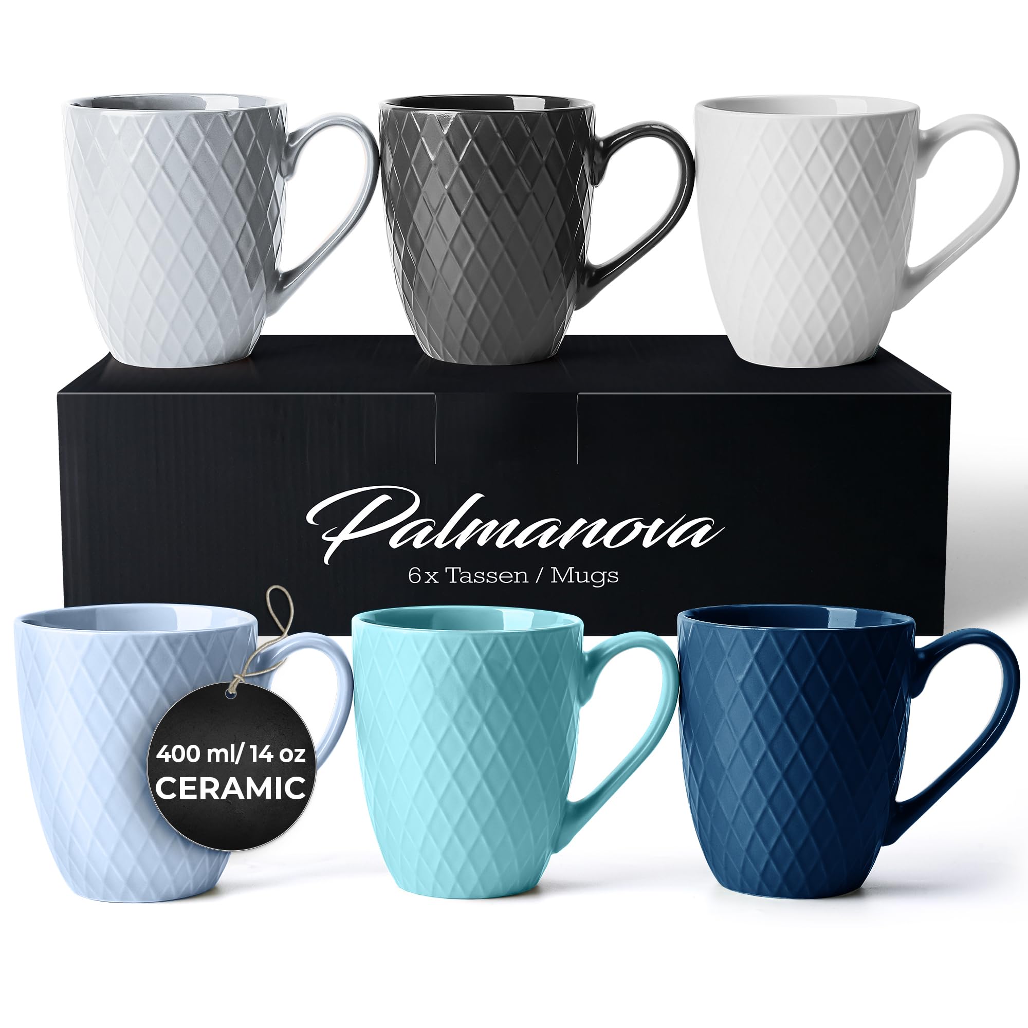 Miamio - Coffee Mugs Set Of 6 / Coffee Cups - 6 X 14 Oz Ceramic Mugs - Large Coffee Mugs - Microwave & Dishwasher Safe - Palmano