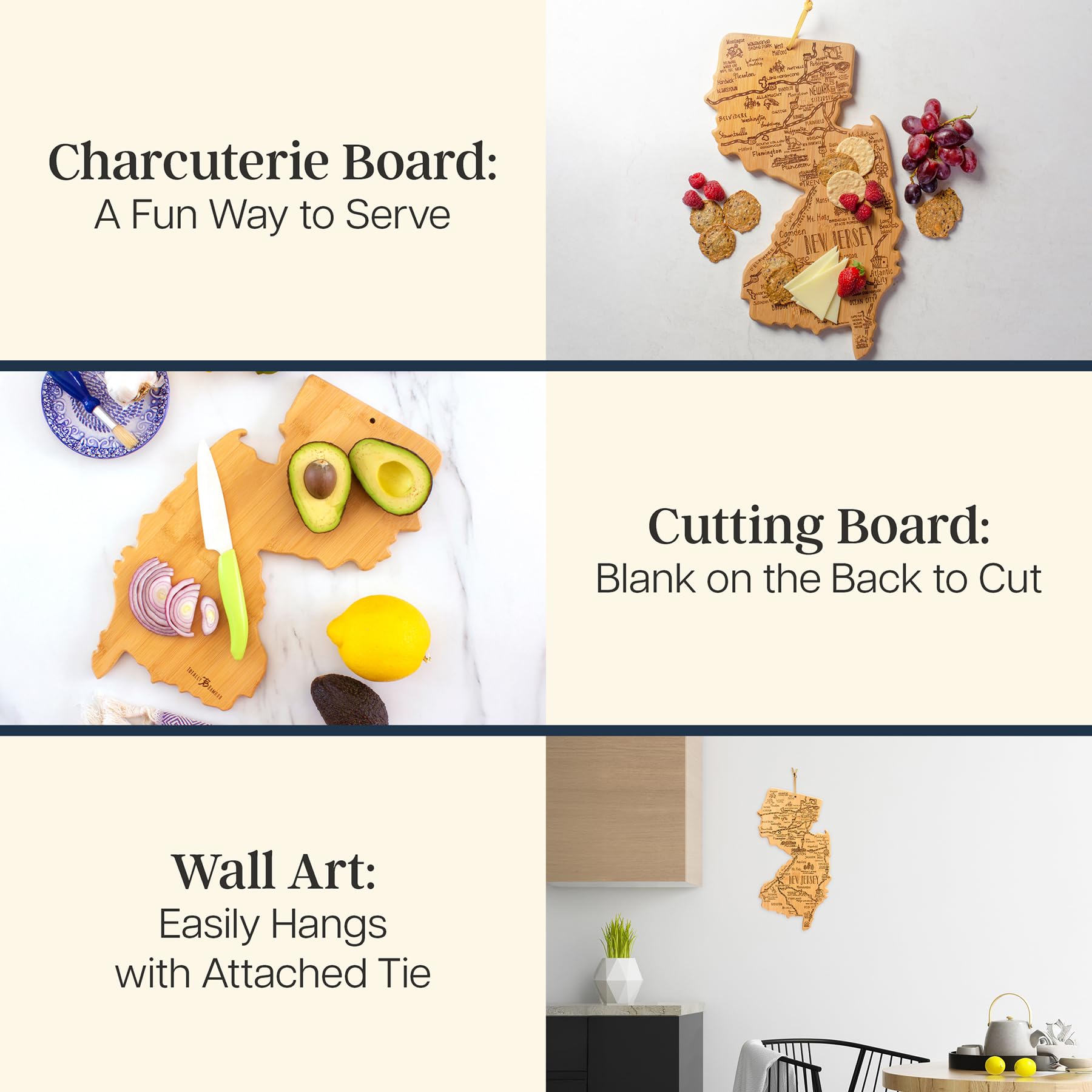 Totally Bamboo Destination New Jersey State Shaped Cutting Board, Charcuterie and Cheese Serving Board - New Jersey Gift for Hom