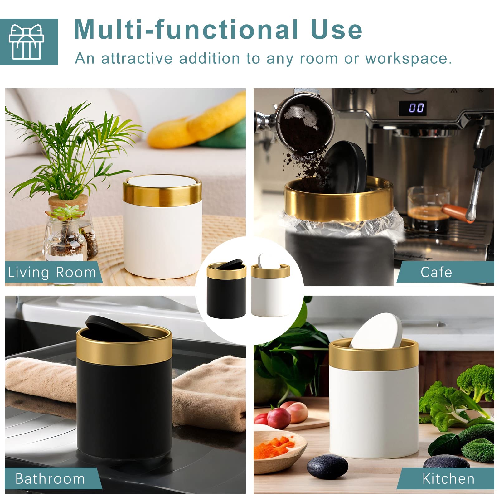 Jillick Mini Trash Can With Lid, Tiny Desk Trash Can, 1.5 Liter / 0.4 Gallon Small Metal Garbage Can For Countertop Coffee Bar,