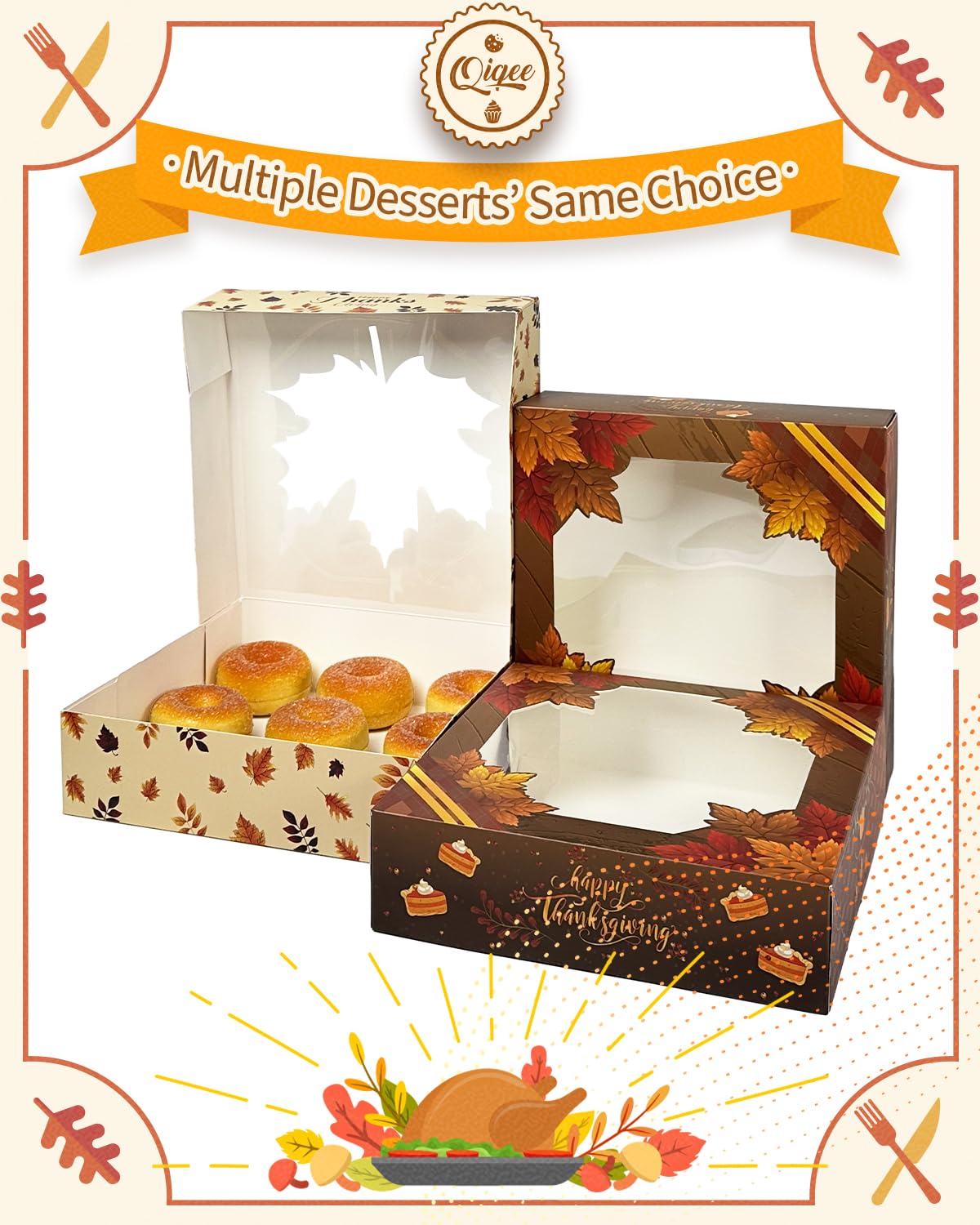 qiqee Thanksgiving Cookie Boxes with Window Fall Treat Box 30packs 9x9x2.5 Inch Bakery Box Pastry Box for Thanksgiving Day