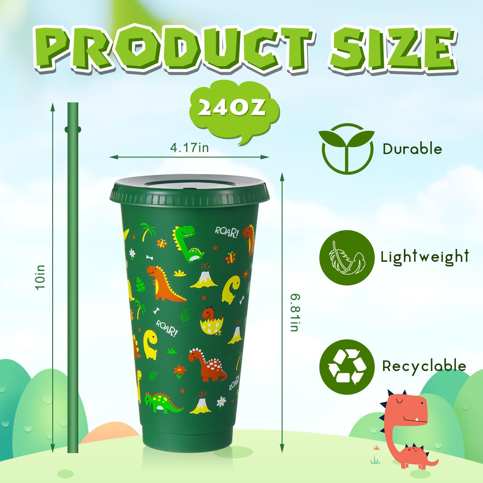 Uiifan 12 Pcs Plastic Dinosaur Cups for Kids 24oz Reusable Dino Tumbler with Lid and Straw Dino Party Favors Drinking Cups for K