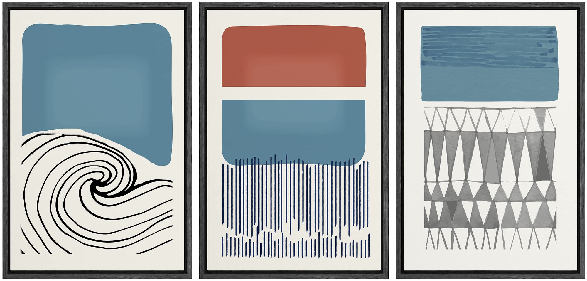Idea4Wall Framed Canvas Print Wall Art Set Mid-Century Ocean Wave Geometric Color Blocks Abstract Shapes Illustrations Minimalis