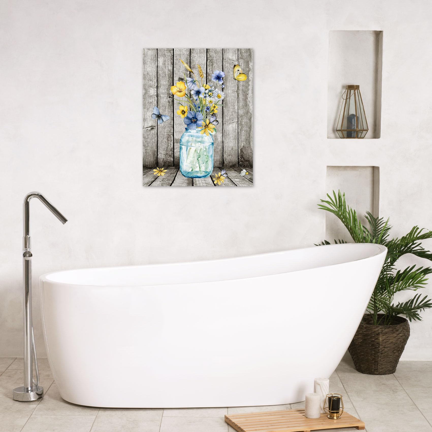Hvest Blue And Yellow Floral Wall Art For Living Room,Blue Flower In Vase And Butterfly On Farmhouse Wood Canvas Wall Art Countr