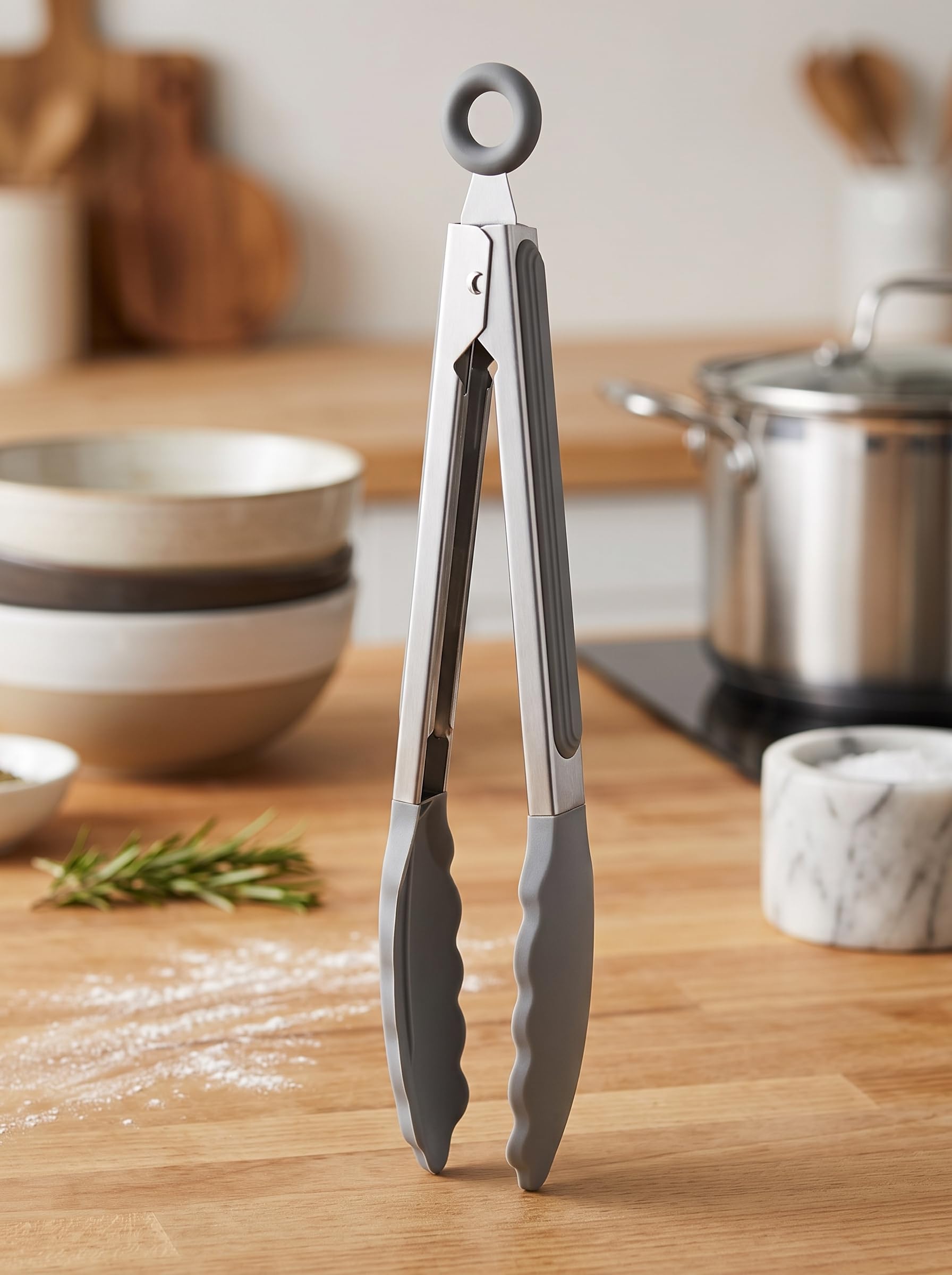 Raghav Grey Silicone Kitchen Tongs With Stainless Steel Handle, Heat Resistant Up To 210C, Pull Ring Lock, Non Stick Cookware Sa