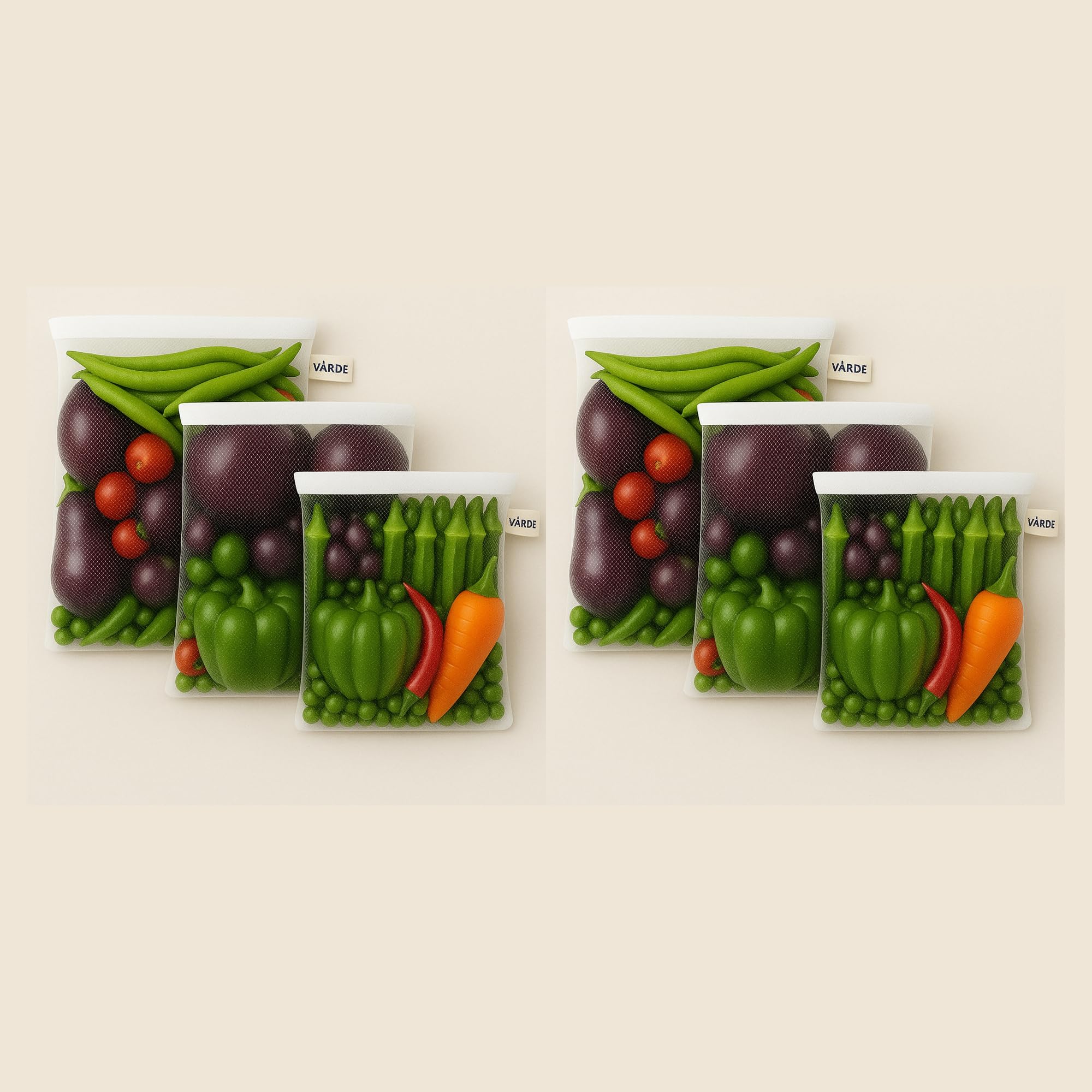 VRde Pack Of 6 Pcs Reusable Fridge Storage Bags For Vegetables & Fruits | MultiSize Dual Layer Mesh Zipper Bags | Washable, Eco