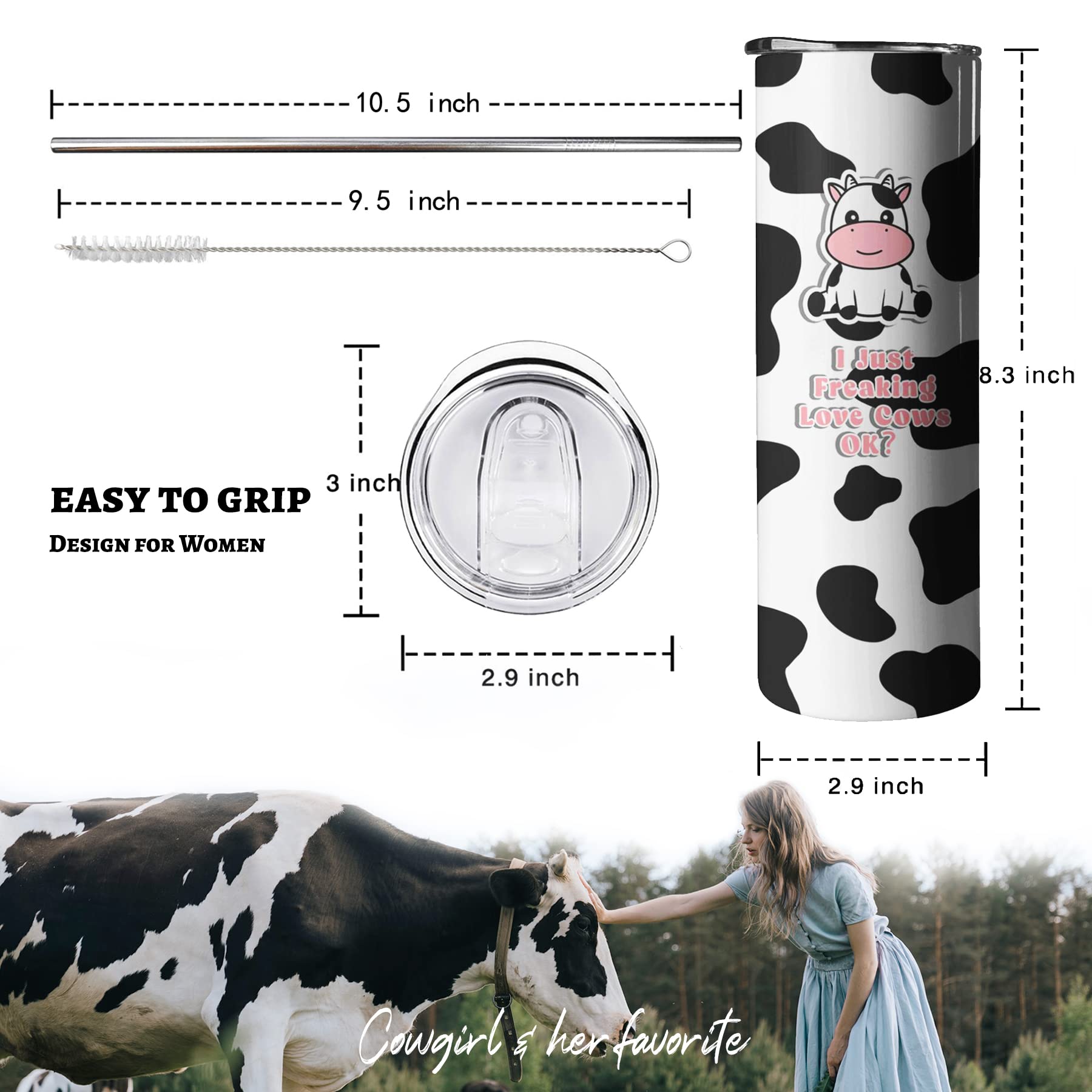Cow Gifts- Cow Print Tumbler- Cute Stainless Steel Insulated 20 Oz Skinny Tumbler With Lid And Straw- Coffee Travel Mug Cup- Cow