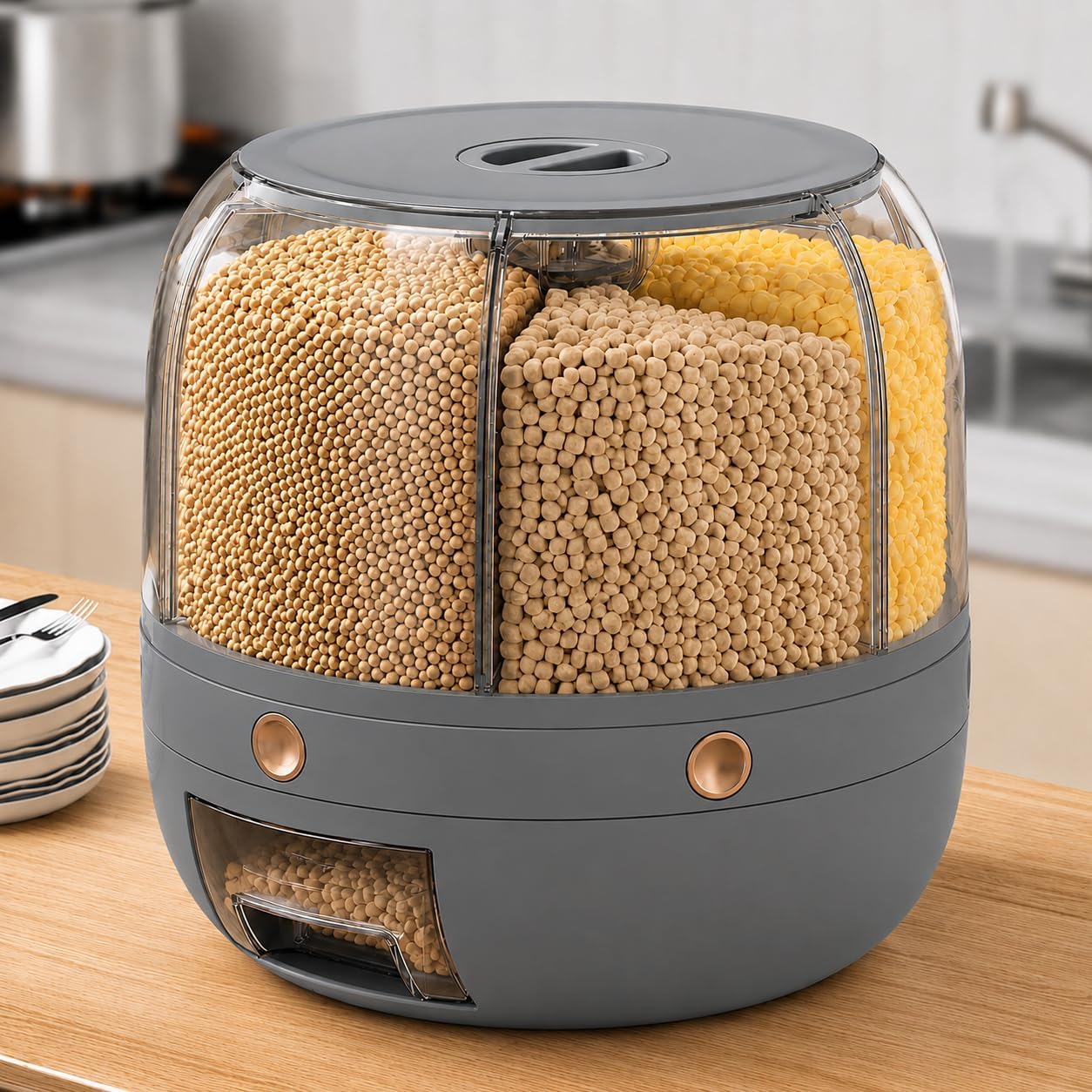 Arviz 360 Rotating Dry Food Storage Dispenser, Airtight MultiCompartment Grain Storage Container With Bottom Dispensing, BpaFr