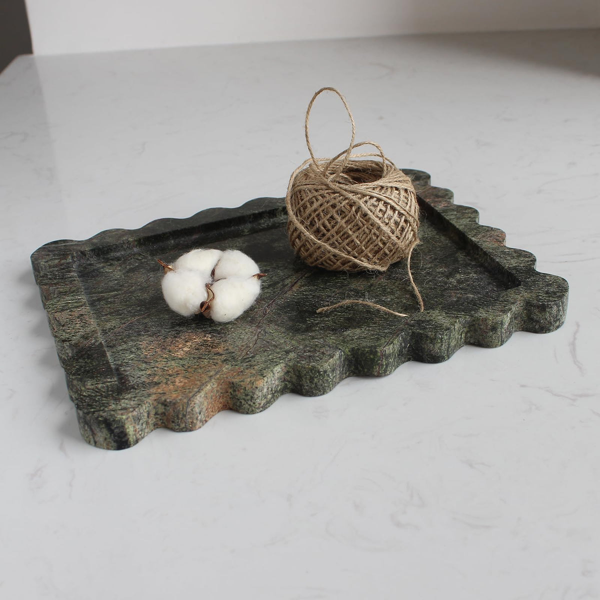 Natural Luxury Scalloped Marble Tray 10.8''X8'', Green Rectangle Vanity Tray For Bathroom Kitchen Counter, Decorative Tray For D