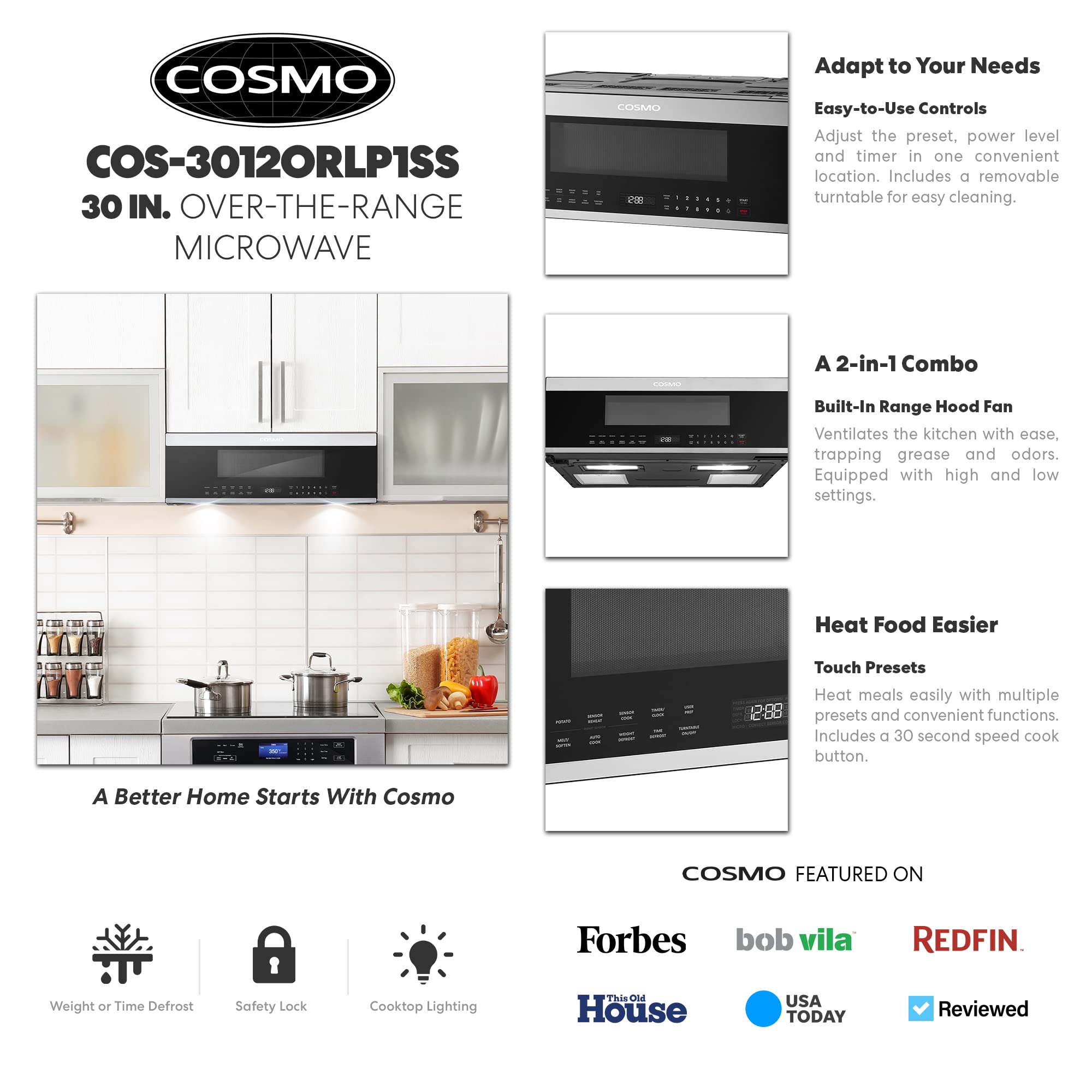 Cosmo Cos-3012Orlp1Ss 30 In. Slim Over The Range Microwave With Automatic Presets, Soft Touch Controls And 1.2 Cu. Ft. Capacity