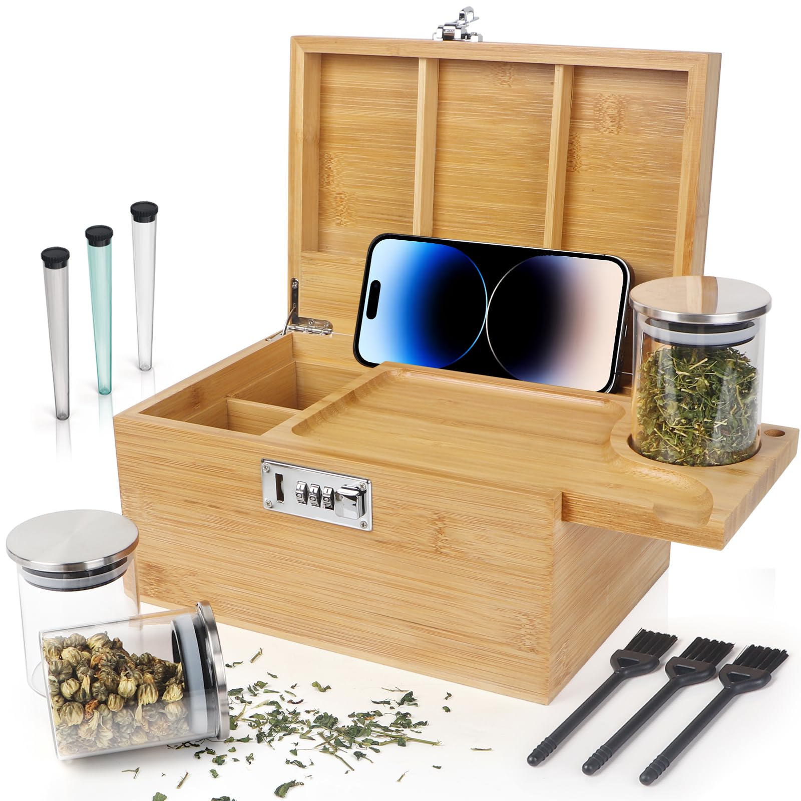 TISEMENT Large Bamboo Box with Combination Lock, Decorative Storage Box with Detachable Compartment, Wooden Boxes with Alright J